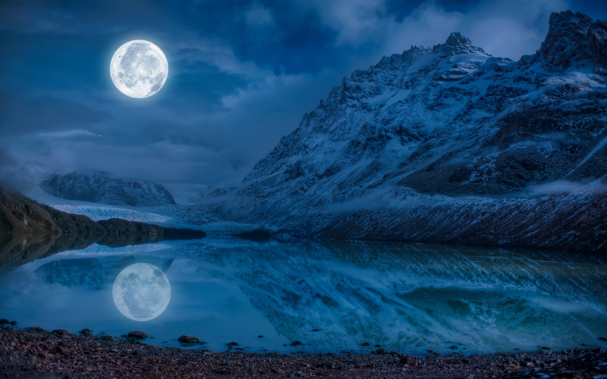 Download mobile wallpaper Winter, Nature, Mountains, Moon, Snow, Mountain, Lake, Reflection, Earth for free.