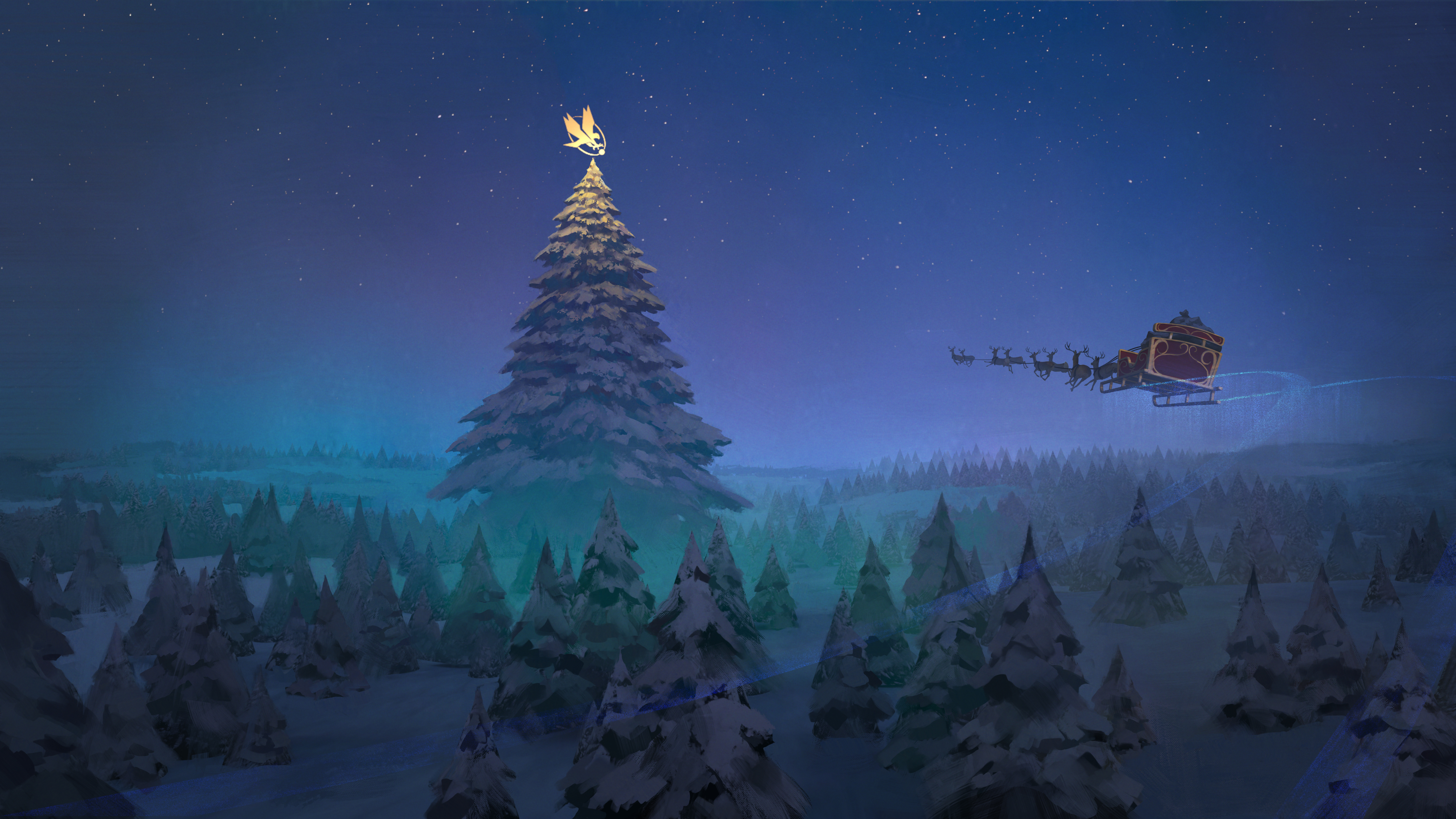 santa claus, holiday, christmas, reindeer, sleigh, snow, tree