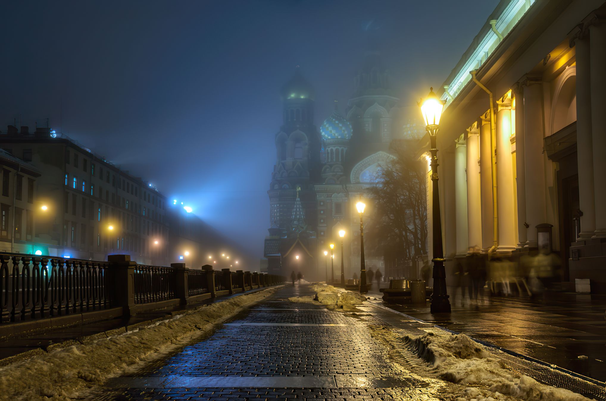 Download mobile wallpaper People, Night, Fog, Russia, Religious, Street Light, Church Of The Savior On Blood, Cathedrals for free.