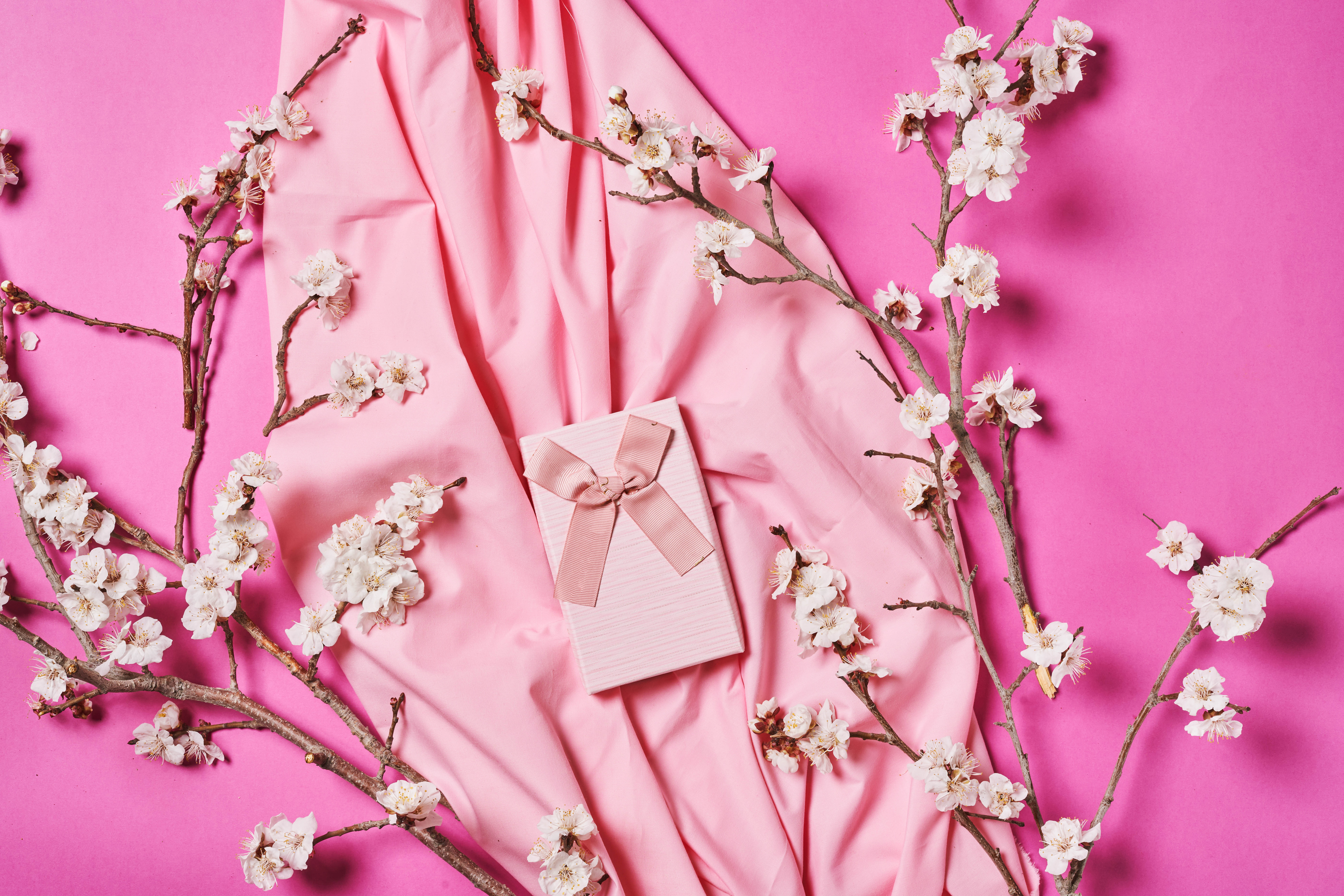 cloth, flowers, pink, miscellanea, miscellaneous, branches, box, present, gift, tape HD wallpaper