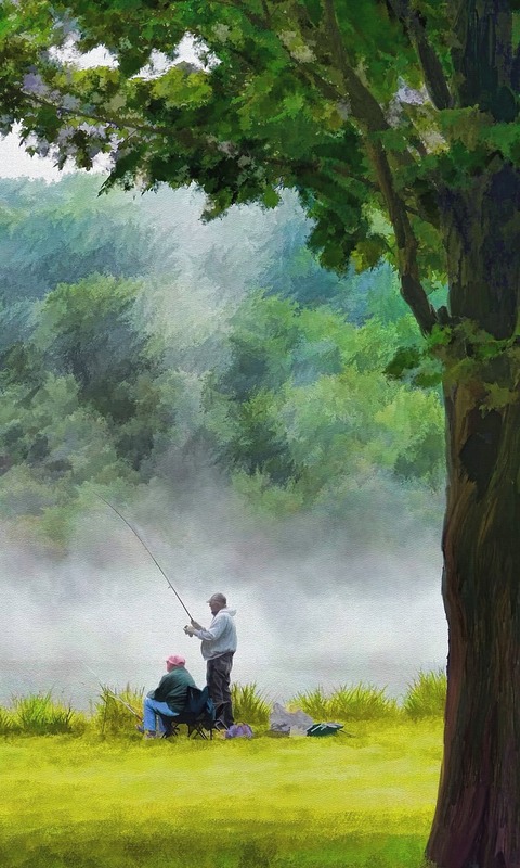 Download mobile wallpaper Sports, People, Tree, Painting, Fishing for free.