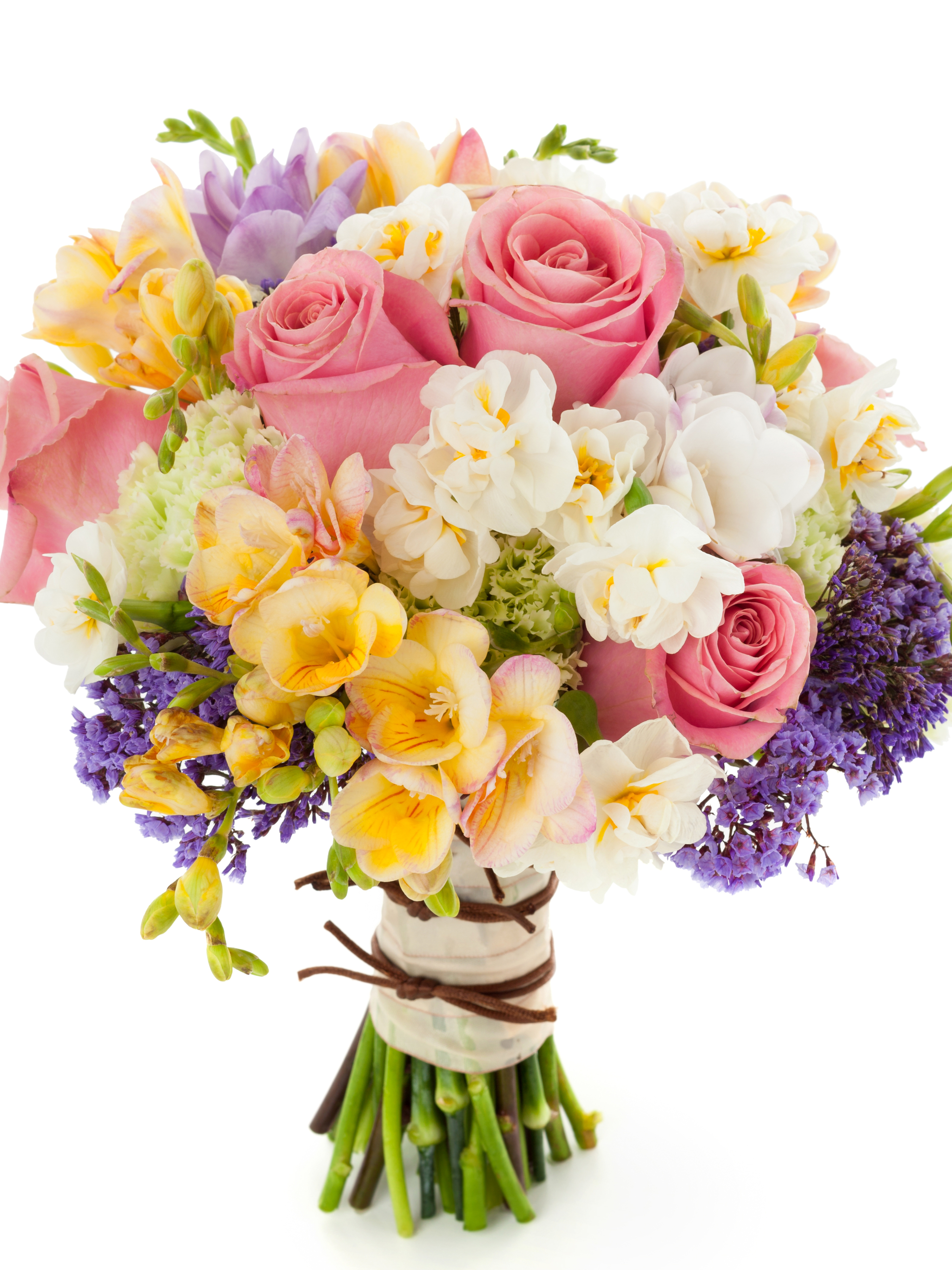 Download mobile wallpaper Flower, Rose, Bouquet, Freesia, Yellow Flower, White Flower, Man Made, Pink Flower for free.