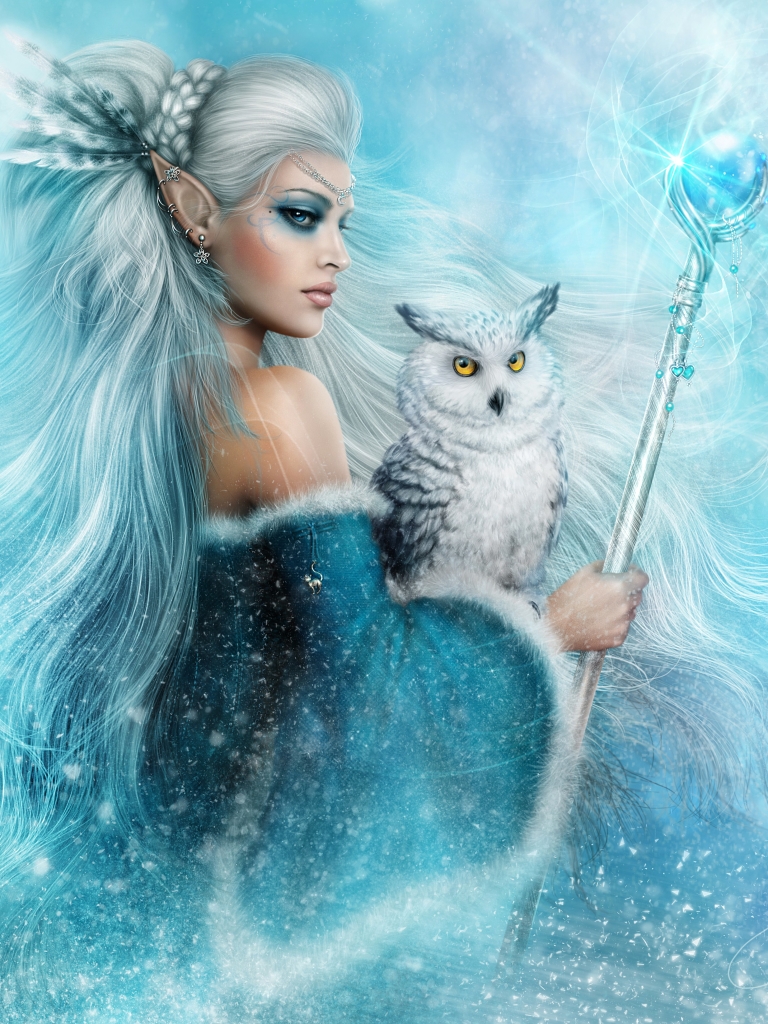 Download mobile wallpaper Winter, Fantasy, Owl, Elf, Blue Eyes, Staff, Snowy Owl, White Hair for free.
