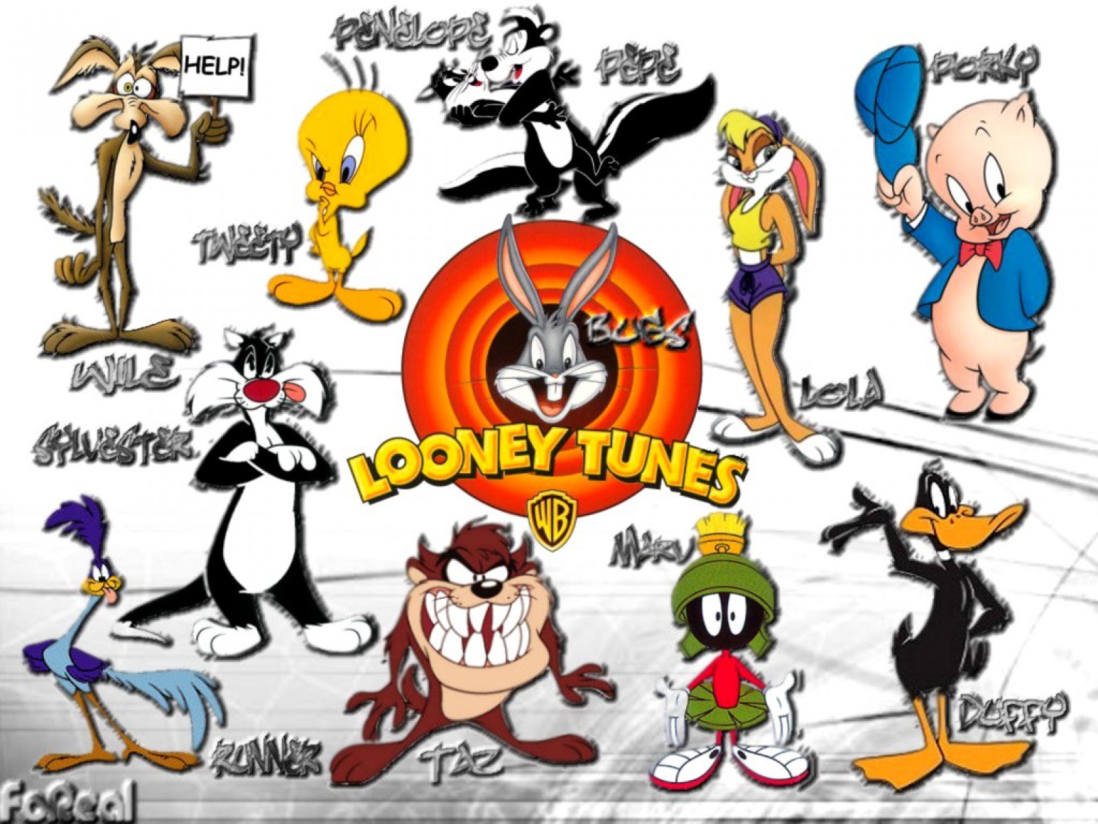 tv show, looney tunes, bugs bunny, collage, daffy duck, lola bunny, pepé le pew, porky pig, tasmanian devil (looney tunes), tweety, wile e coyote