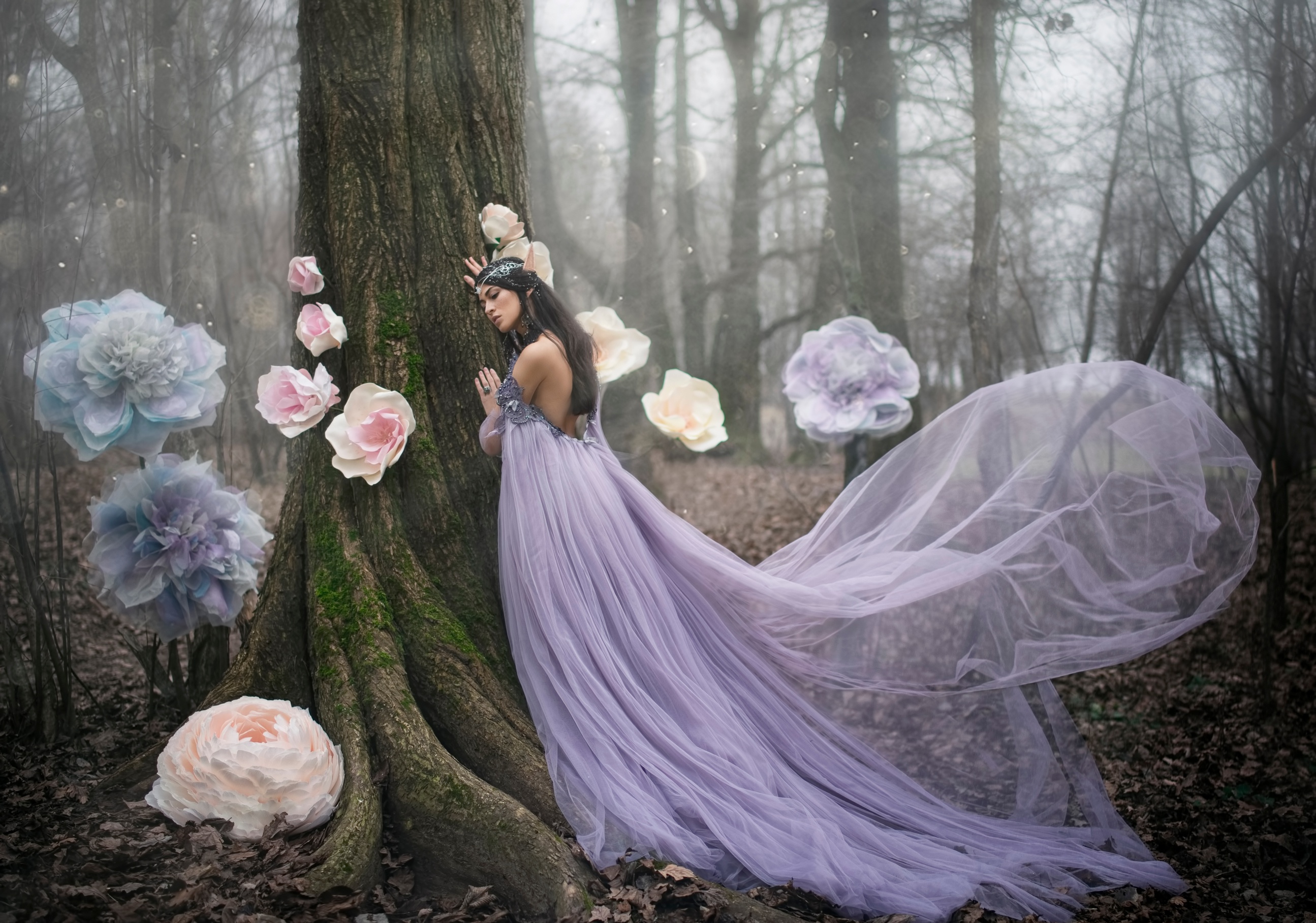 Free download wallpaper Fantasy, Flower, Forest, Tree, Dress, Elf, Women, Cosplay on your PC desktop