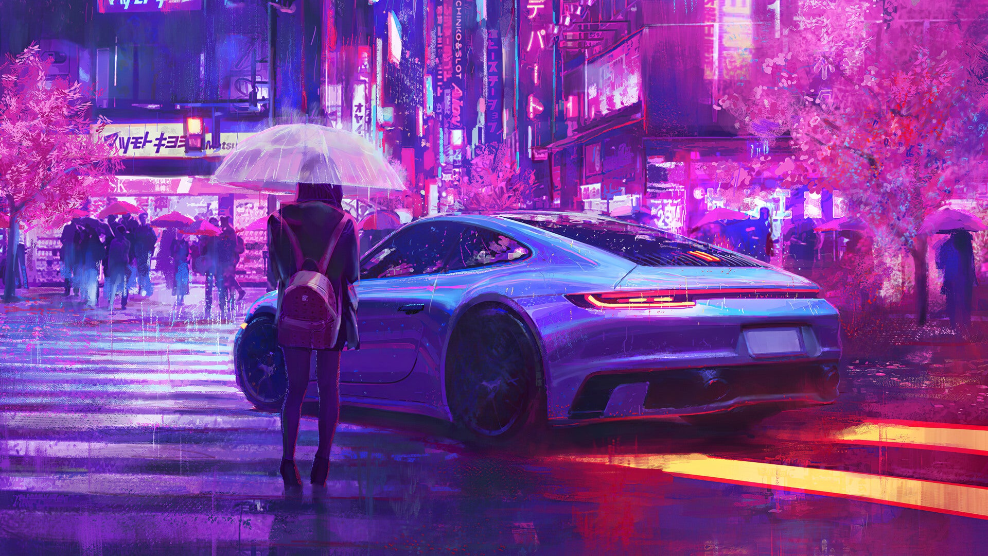 Download mobile wallpaper Porsche, Rain, Night, City, Neon, Sci Fi, Umbrella for free.
