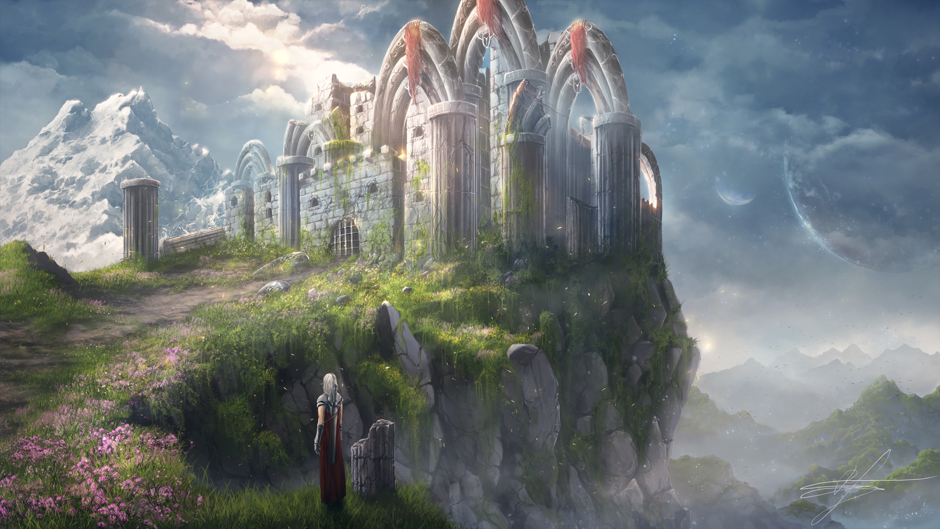 Download mobile wallpaper Landscape, Fantasy, Castles, Castle, Woman Warrior for free.