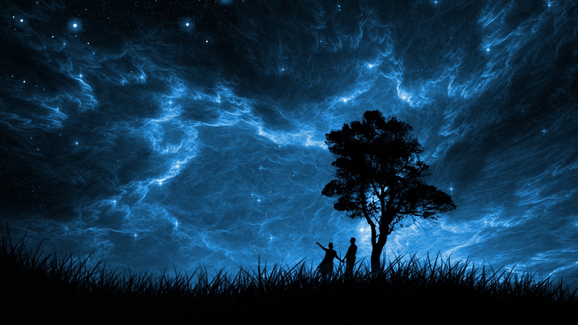 Free download wallpaper Fantasy, Sky, Silhouette, Couple, Tree, Artistic, Star on your PC desktop