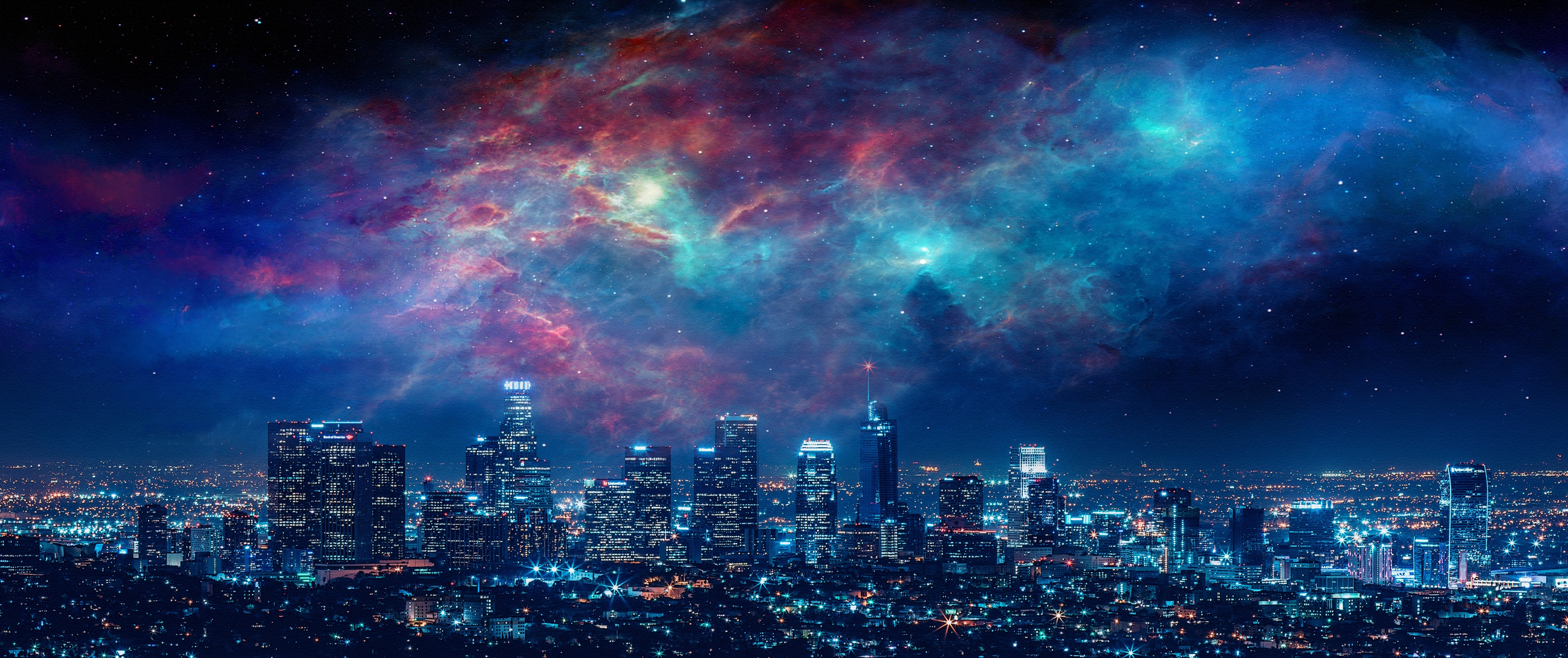 Download mobile wallpaper Sky, Night, City, Nebula, Artistic, Los Angeles for free.