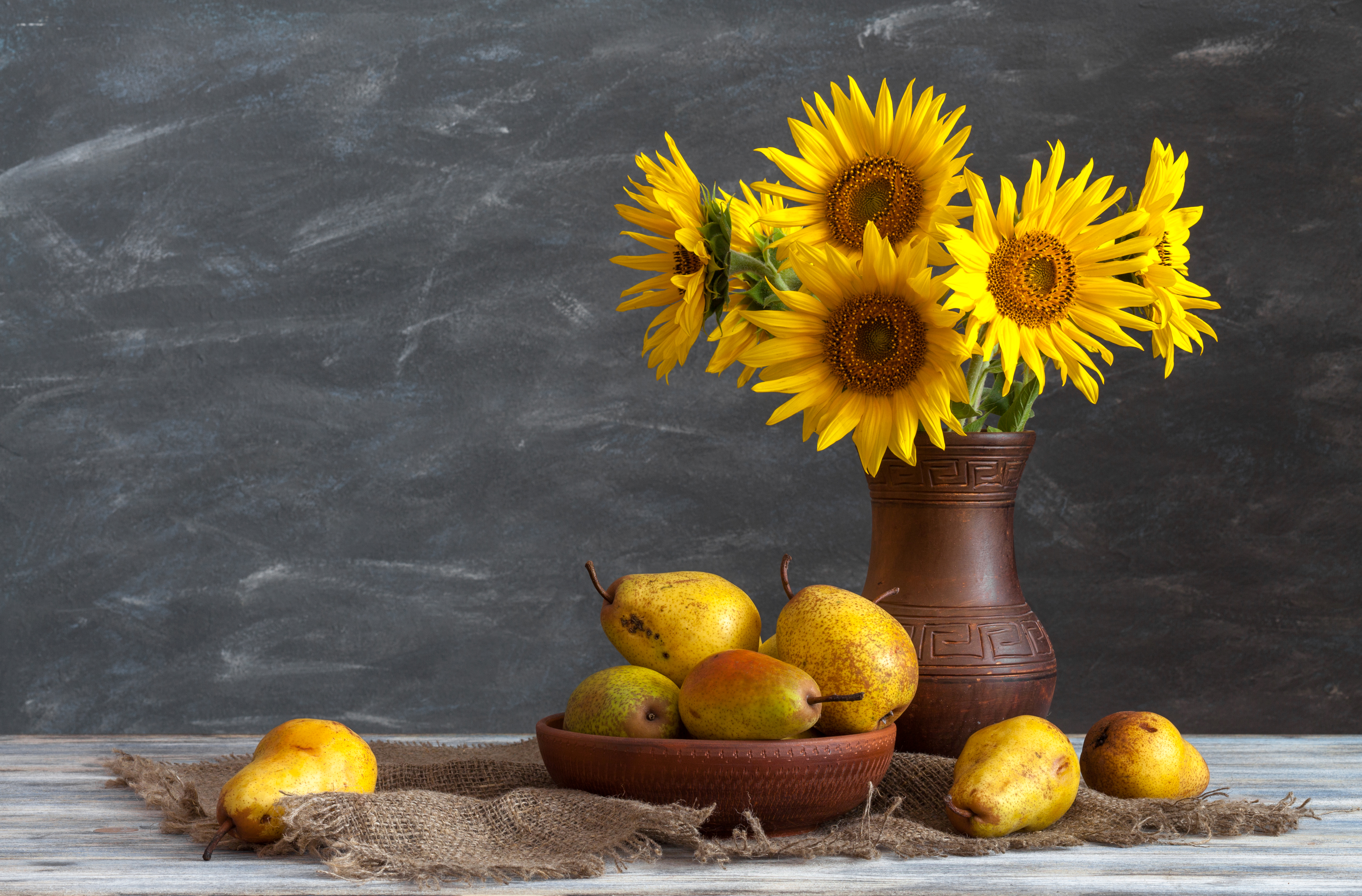 photography, still life, bowl, pear, sunflower, vase, yellow flower