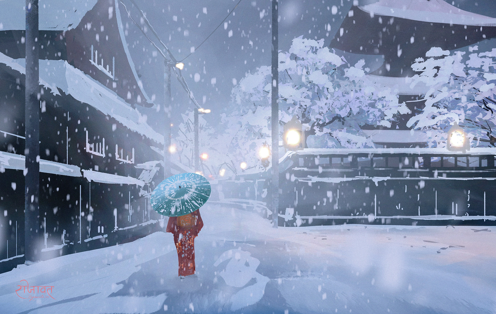 PCデスクトップに冬, 女の子, 雪, 傘, 夜, アニメ画像を無料でダウンロード