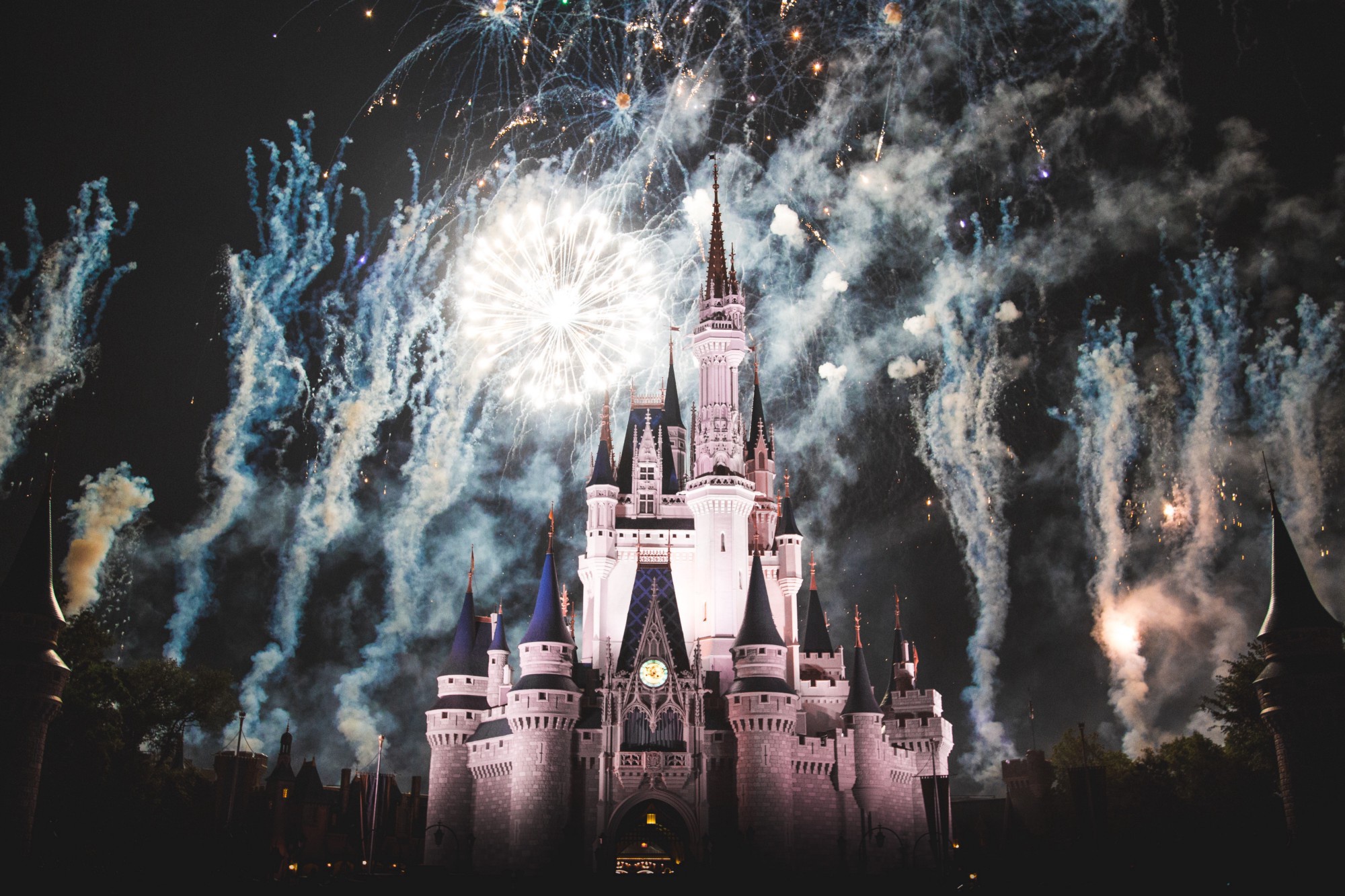 Download mobile wallpaper Night, Paris, Disneyland, France, Fireworks, Man Made, Castle, Disney, Cinderella Castle for free.