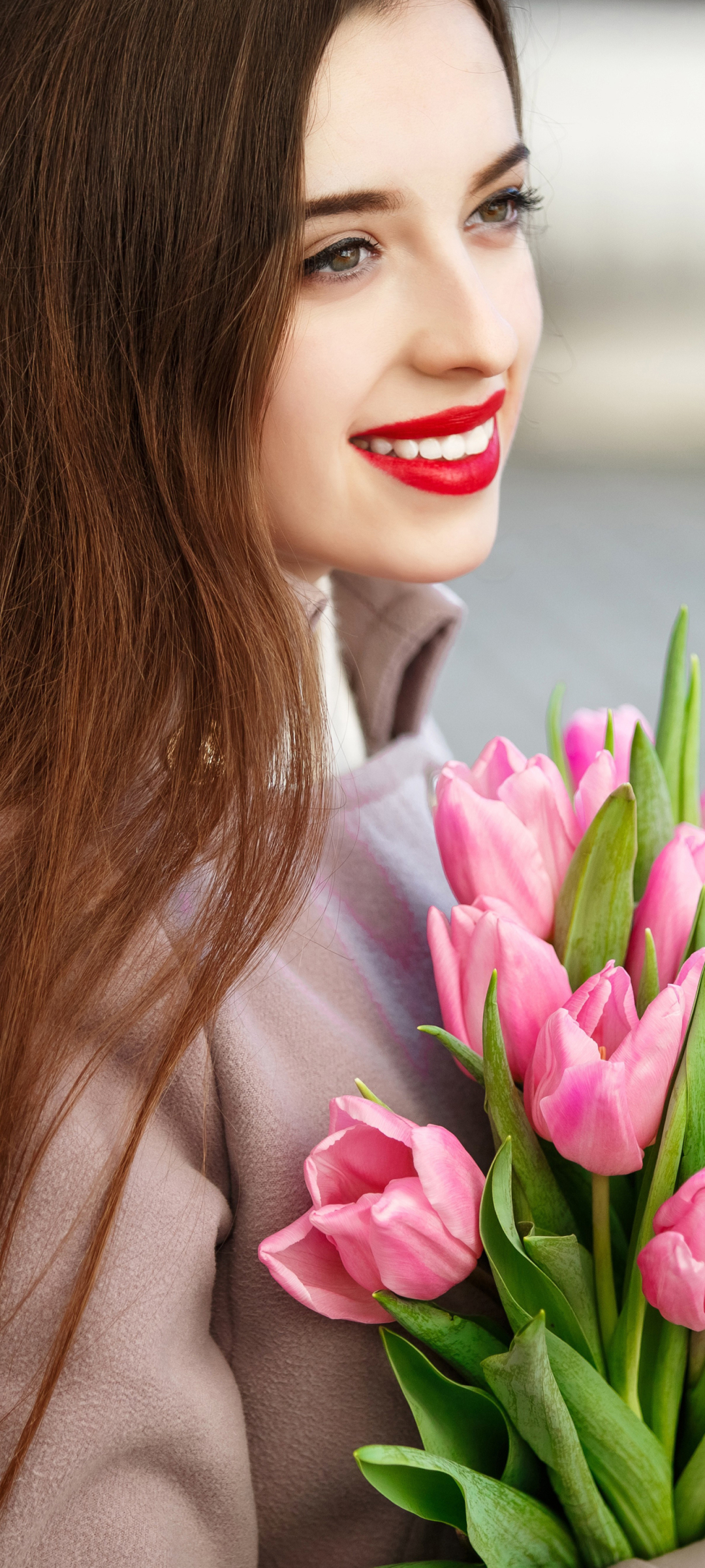 Download mobile wallpaper Flower, Smile, Brunette, Model, Women, Long Hair, Pink Flower, Lipstick for free.