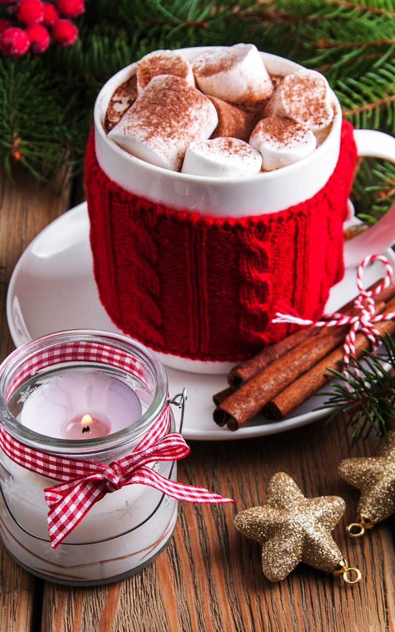 Download mobile wallpaper Food, Cinnamon, Cup, Christmas, Candle, Marshmallow, Hot Chocolate for free.