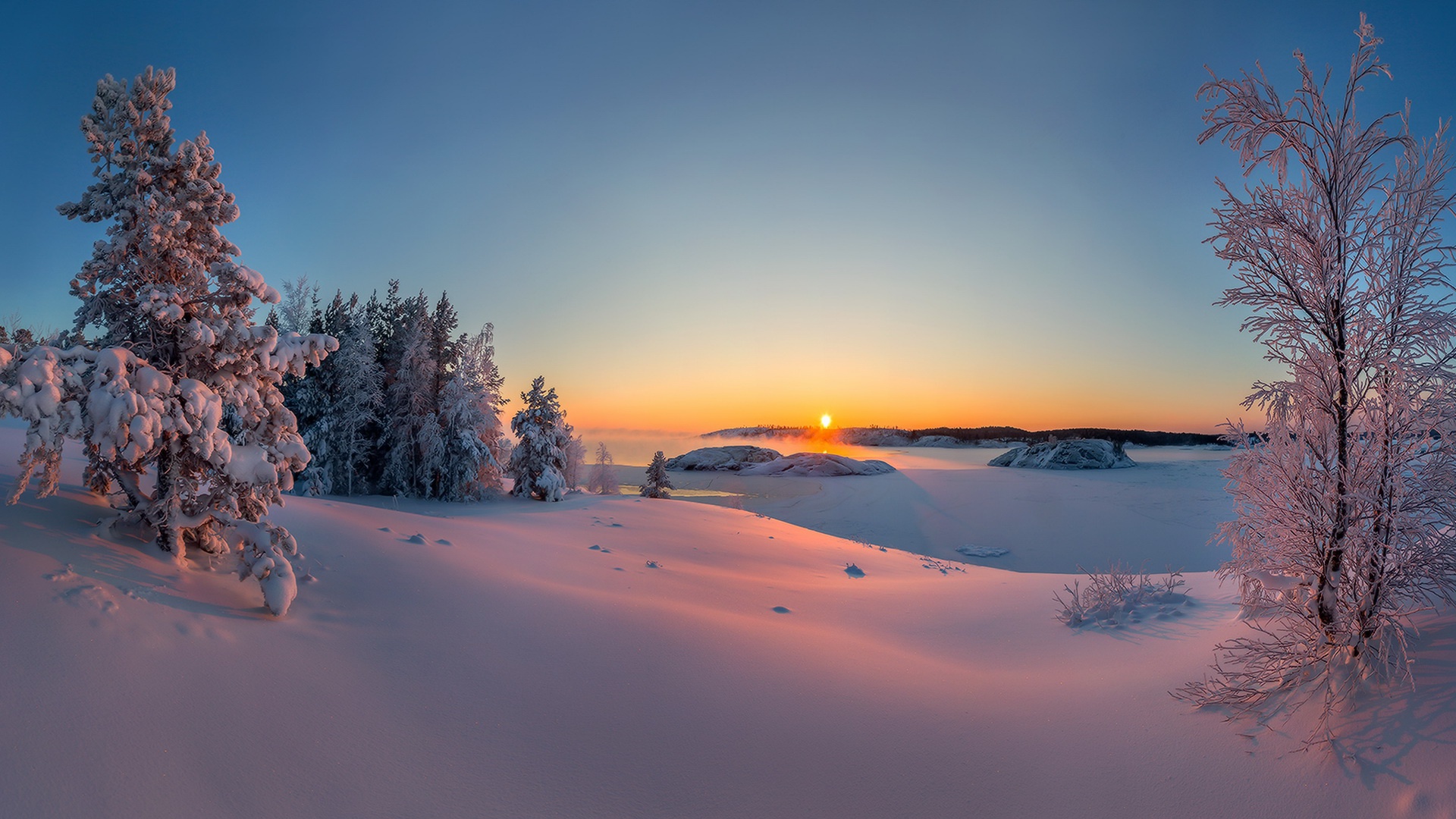Download mobile wallpaper Landscape, Winter, Snow, Horizon, Sunrise, Earth for free.