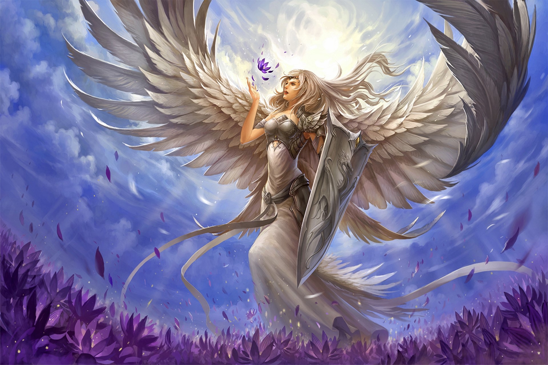 無料モバイル壁紙ファンタジー, 天使, 花, シールド, 翼, 白髪, 長い髪, 天使の戦士, 紫色の花をダウンロードします。