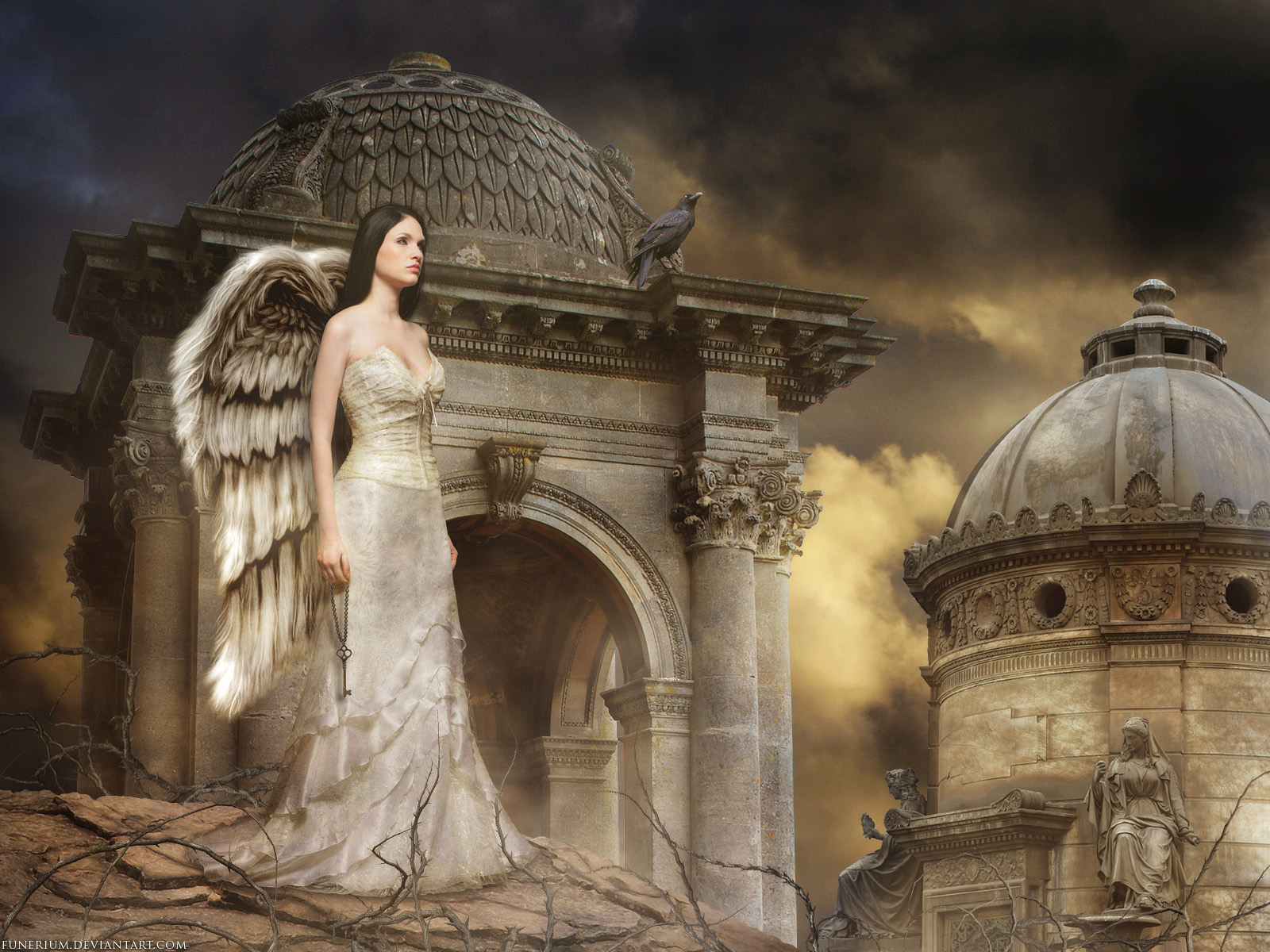 246448 скачать обои фэнтези, ангел, кладбище, белое платье, крылья - заставки и картинки бесплатно