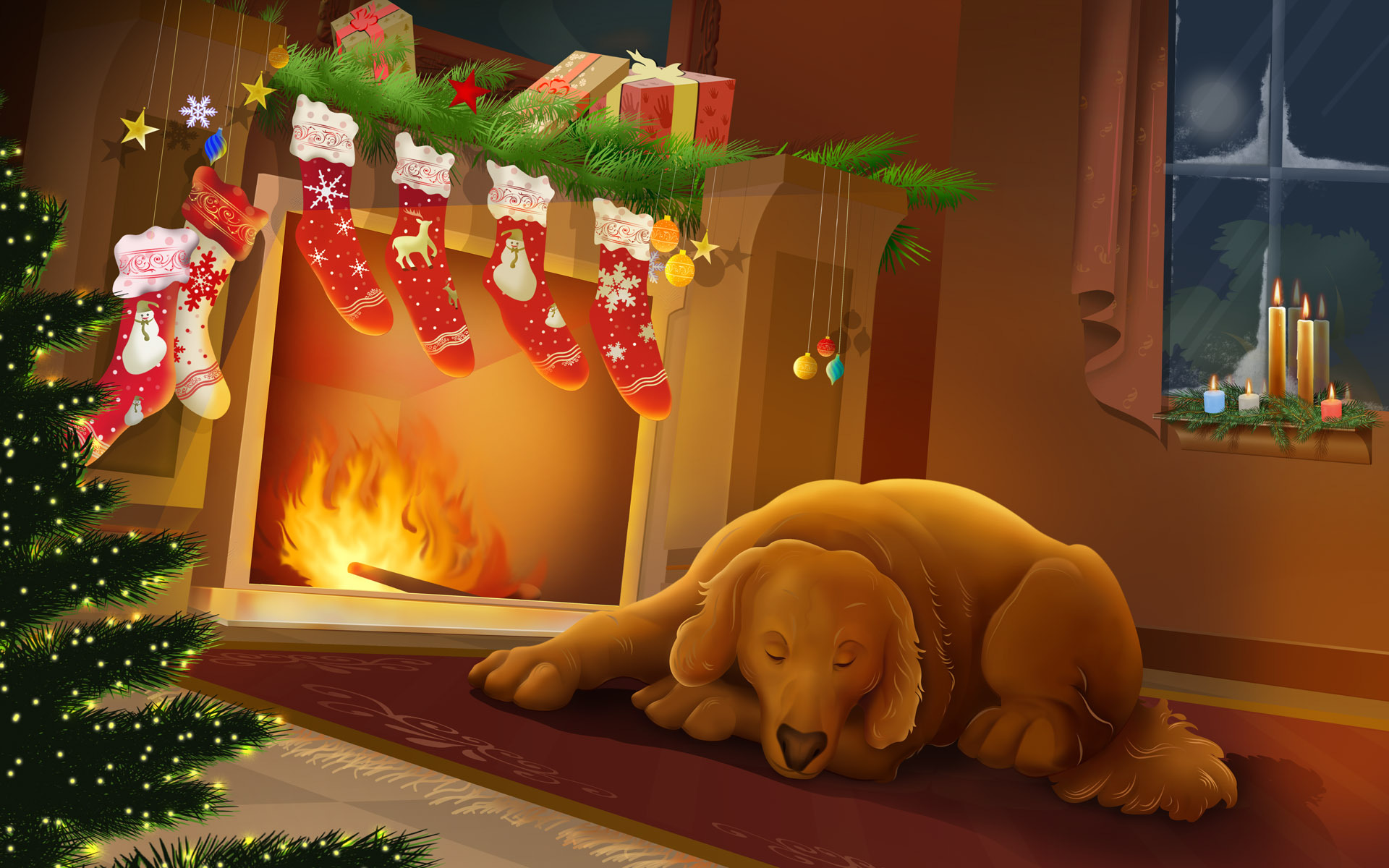 Скачать обои бесплатно Праздники, Рождество (Christmas Xmas), Собаки, Новый Год (New Year), Рисунки картинка на рабочий стол ПК