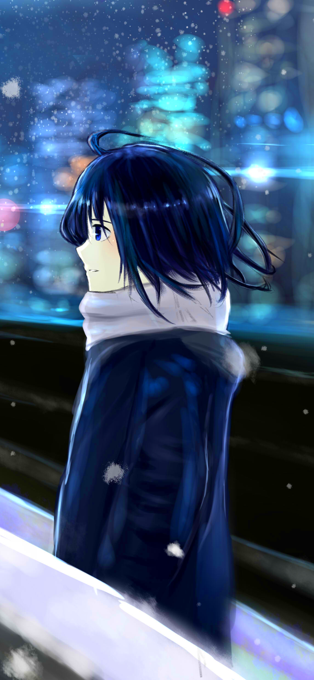anime, original, cold, city, snow, scarf, light, night Smartphone Background