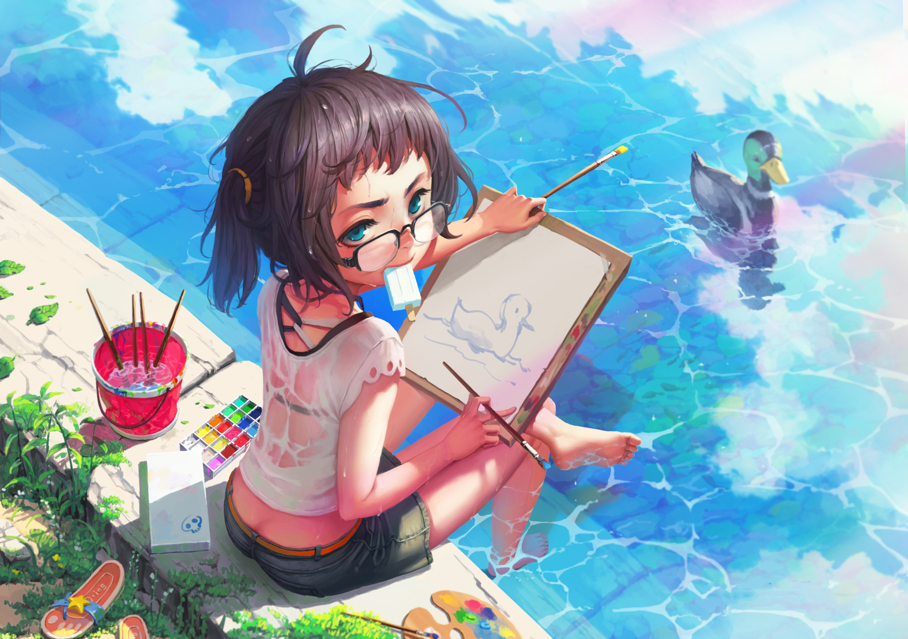 Download mobile wallpaper Anime, Water, Paint, Colors, Glass, Duck, Painting, Sunlight, Blue Eyes, Original, Ponytail for free.