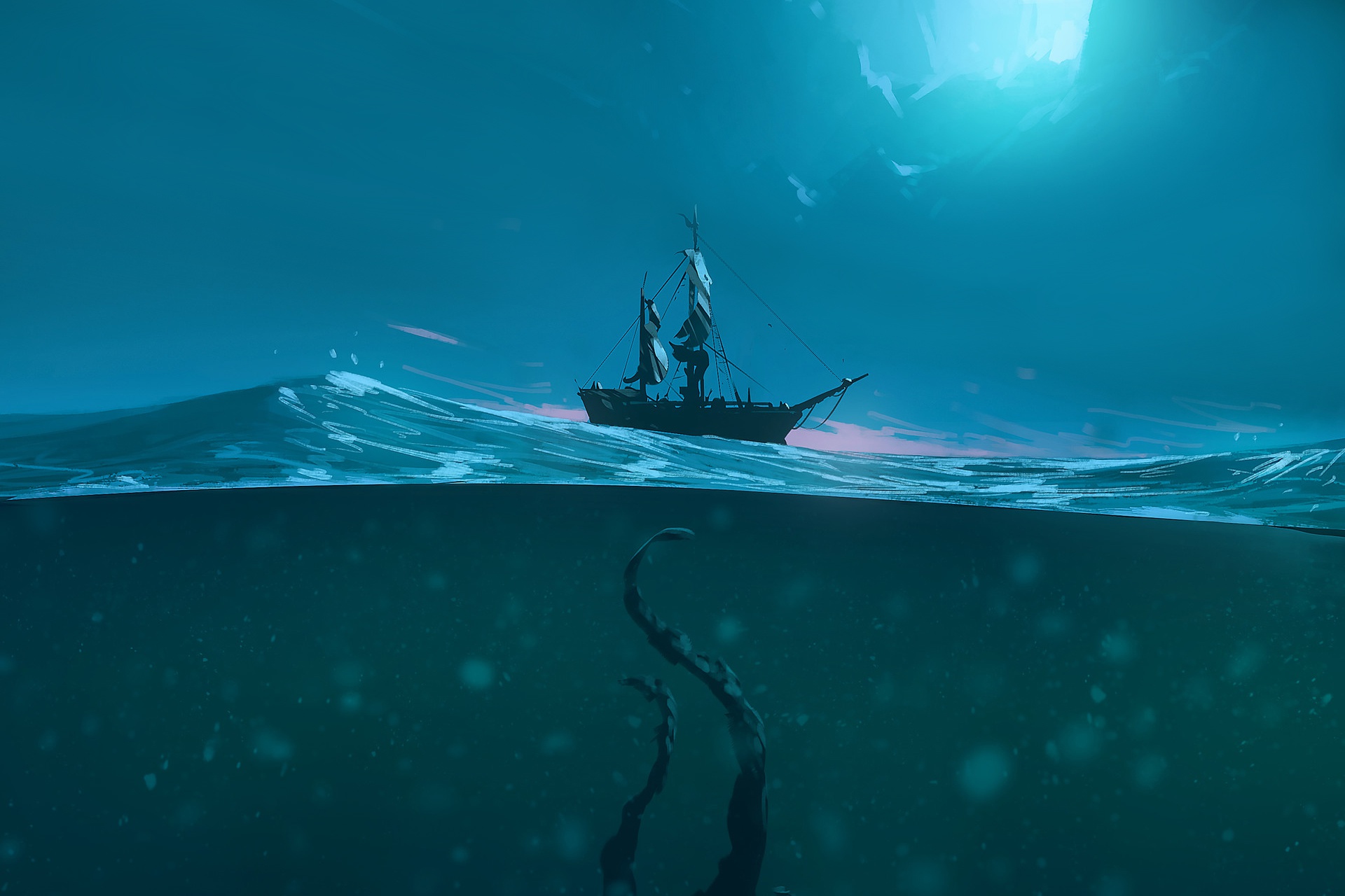 Download mobile wallpaper Fantasy, Ocean, Boat, Sea Monster for free.