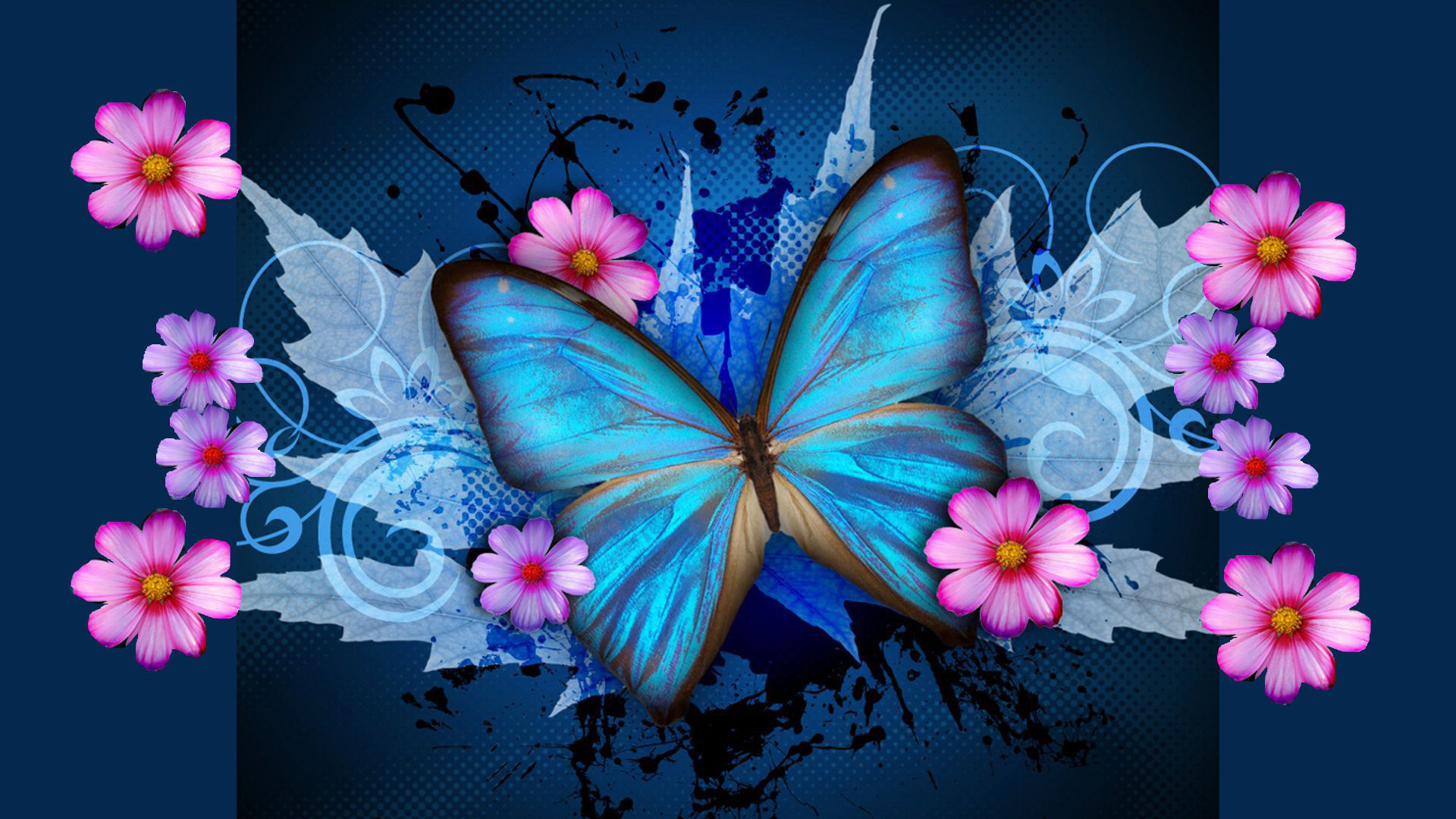 Скачати мобільні шпалери Квітка, Синій, Метелик, Художній, Рожева Квітка безкоштовно.