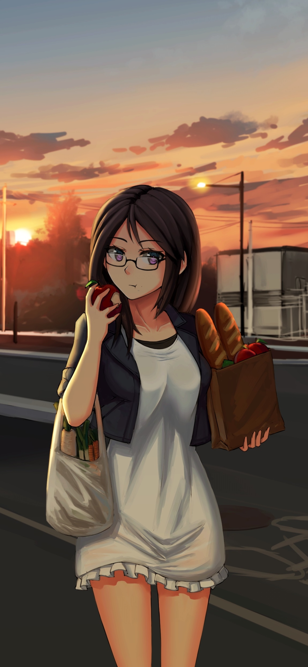 Download mobile wallpaper Anime, Sunset, Girl, Glasses, Black Hair, Long Hair, Purple Eyes for free.