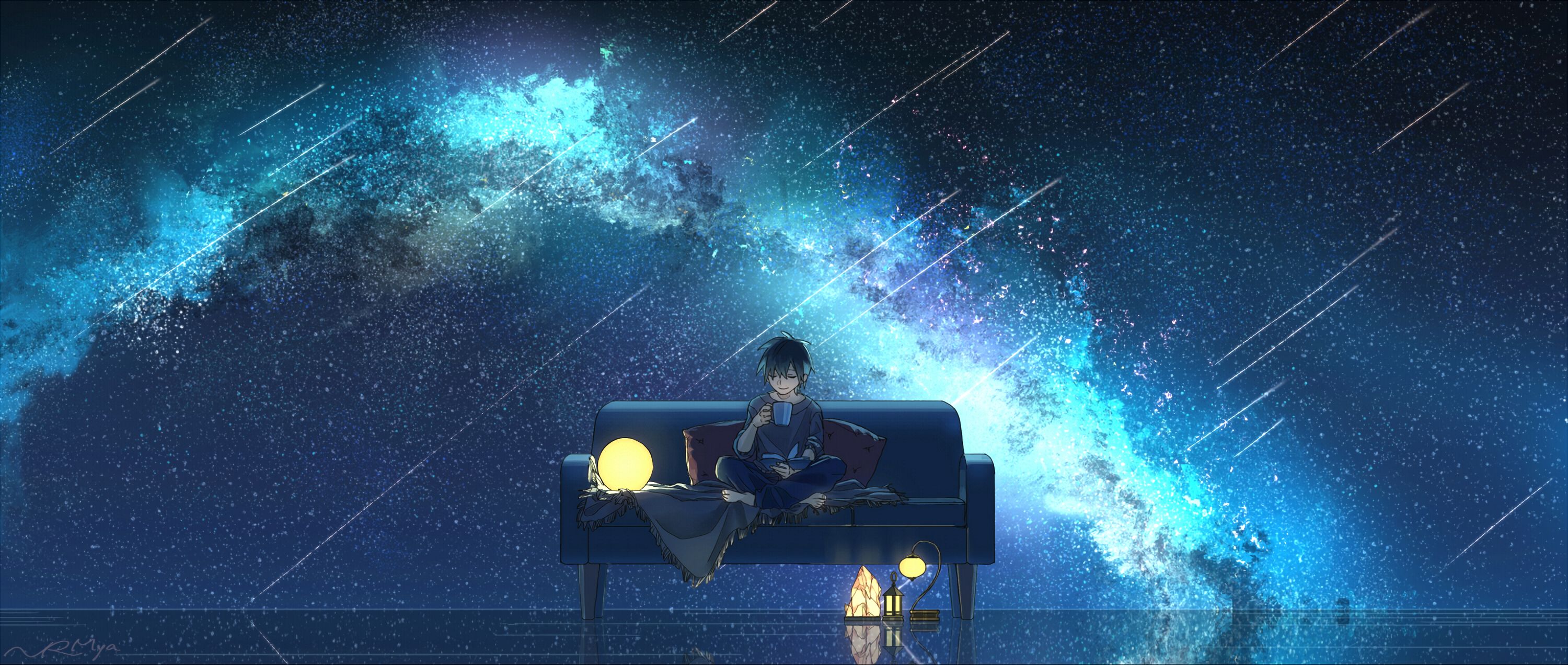 Download mobile wallpaper Anime, Night, Starry Sky, Sofa, Original, Barefoot for free.