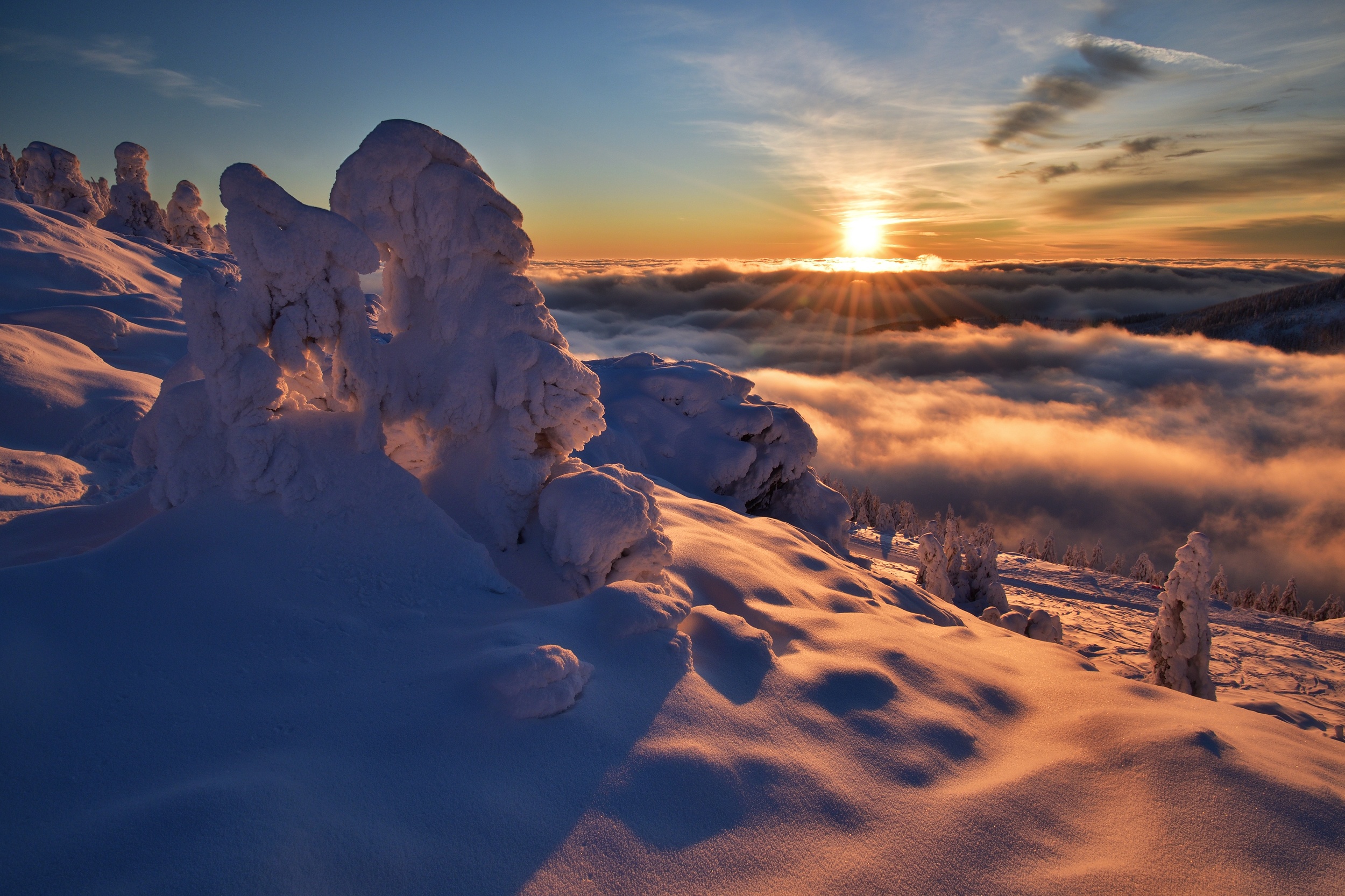 Download mobile wallpaper Landscape, Winter, Nature, Snow, Sunrise, Earth for free.