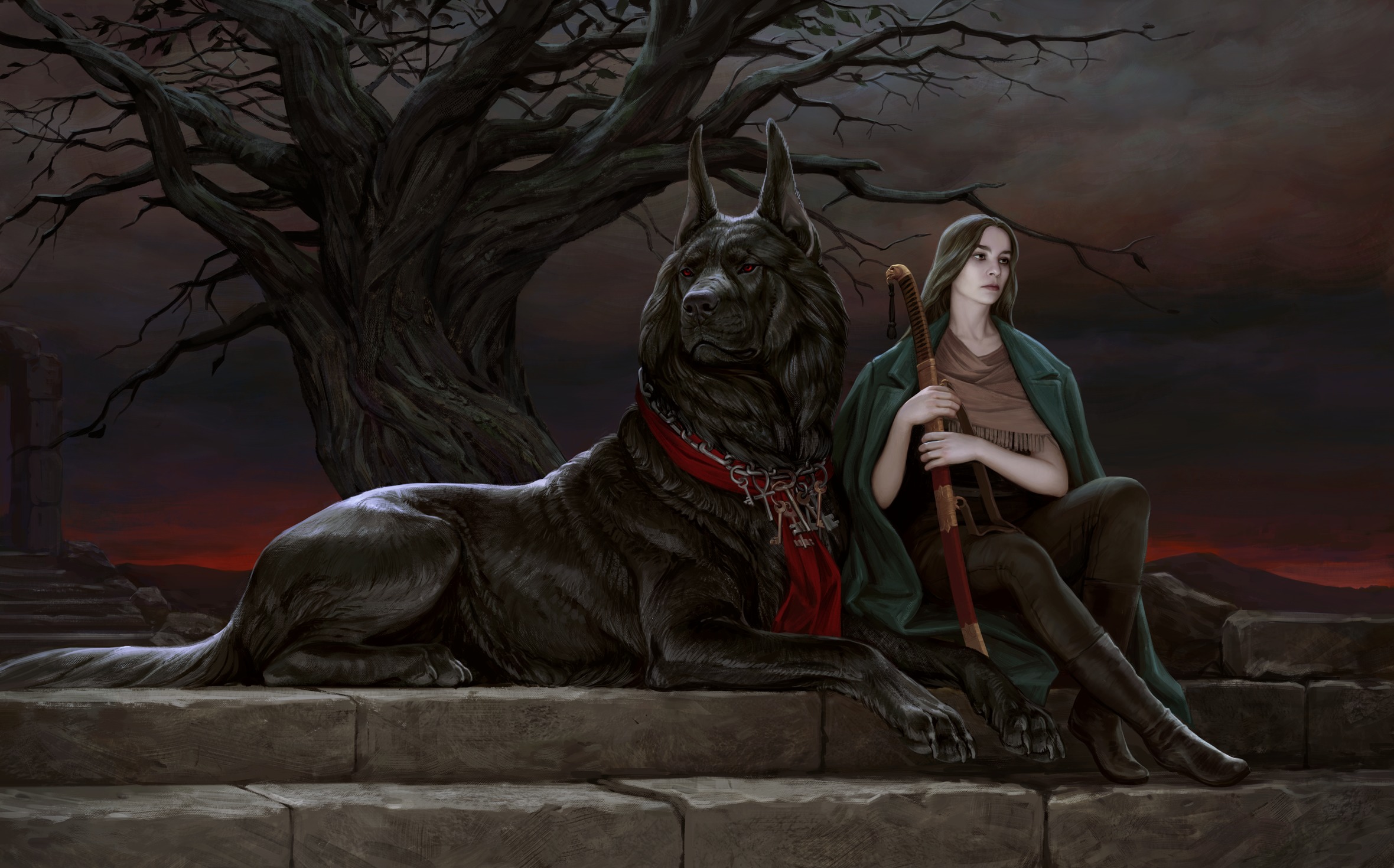 Download mobile wallpaper Fantasy, Tree, Dog, Sword, Women Warrior, Woman Warrior for free.