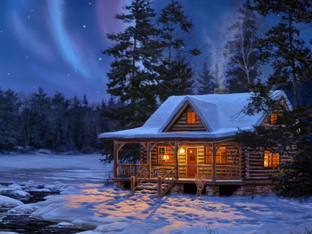 Free download wallpaper Winter, Snow, Dusk, Artistic, Cabin on your PC desktop