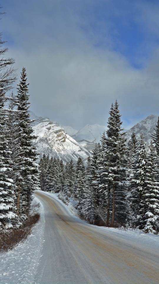 Download mobile wallpaper Landscape, Winter, Pine, Snow, Mountain, Canada, Road, Tree, Banff National Park, Man Made for free.