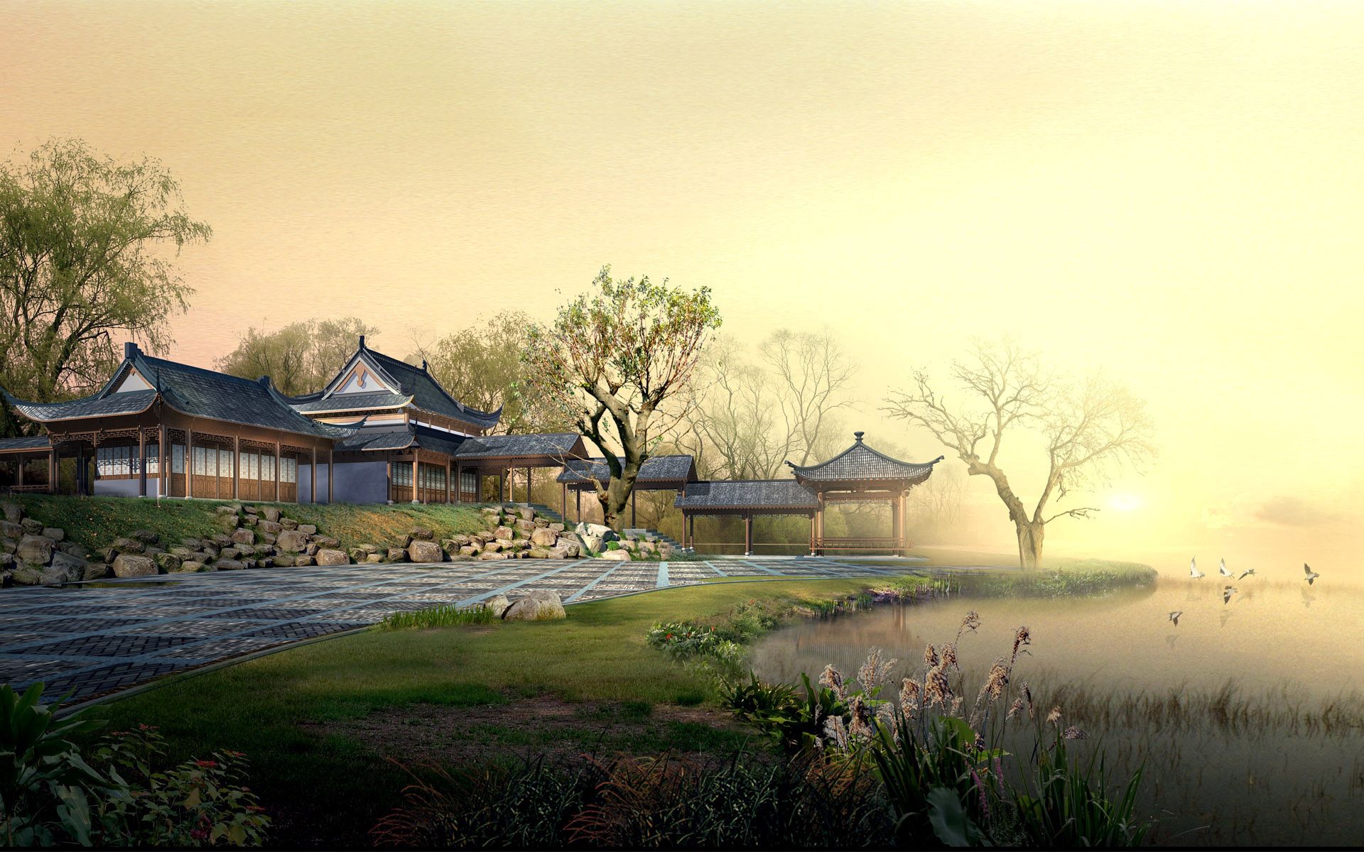 149003 скачать картинку минимализм, китай, озеро, природа, туман, сад, двор - обои и заставки бесплатно