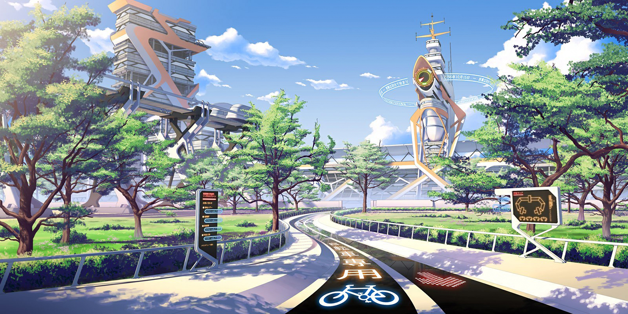 688442 baixar papel de parede anime, original, cidade futurista, paisagem, verão, torre, árvore - protetores de tela e imagens gratuitamente