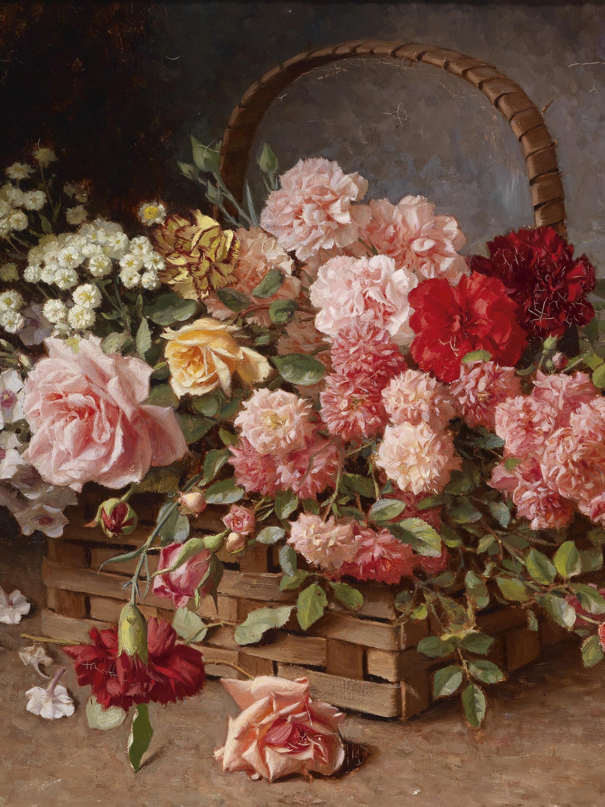 Download mobile wallpaper Still Life, Flower, Rose, Basket, Artistic, Carnation, Oil Painting for free.