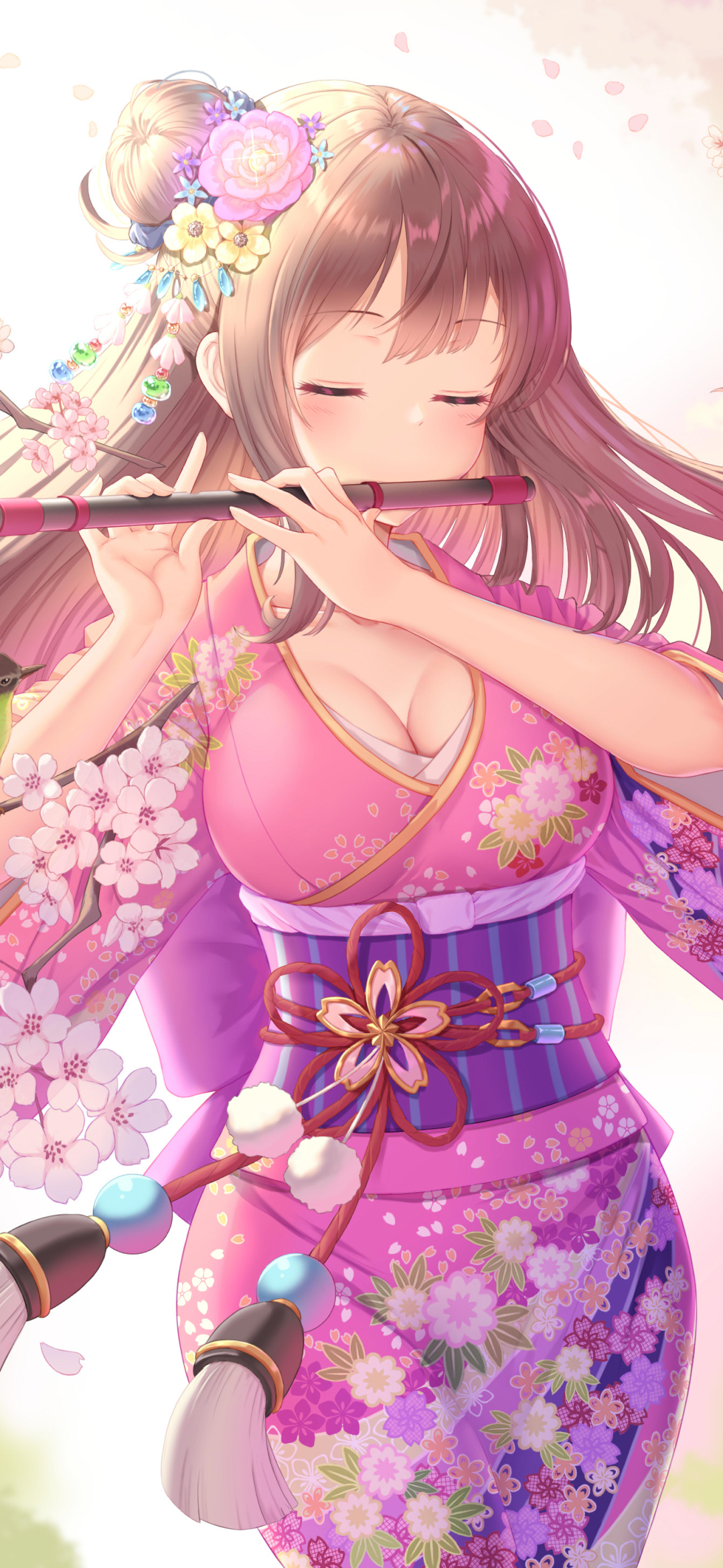 Download mobile wallpaper Anime, Girl, Kimono, Brown Hair, Flute for free.
