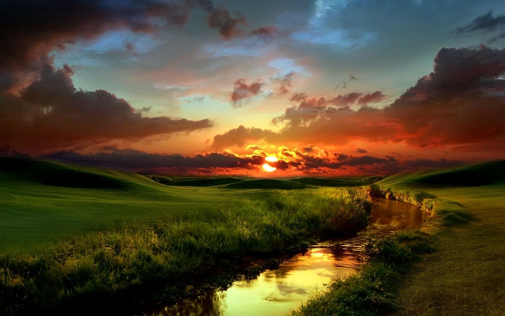 evening, nature, rivers, sunset, grass, sky, clouds, shore, greens, shores Full HD