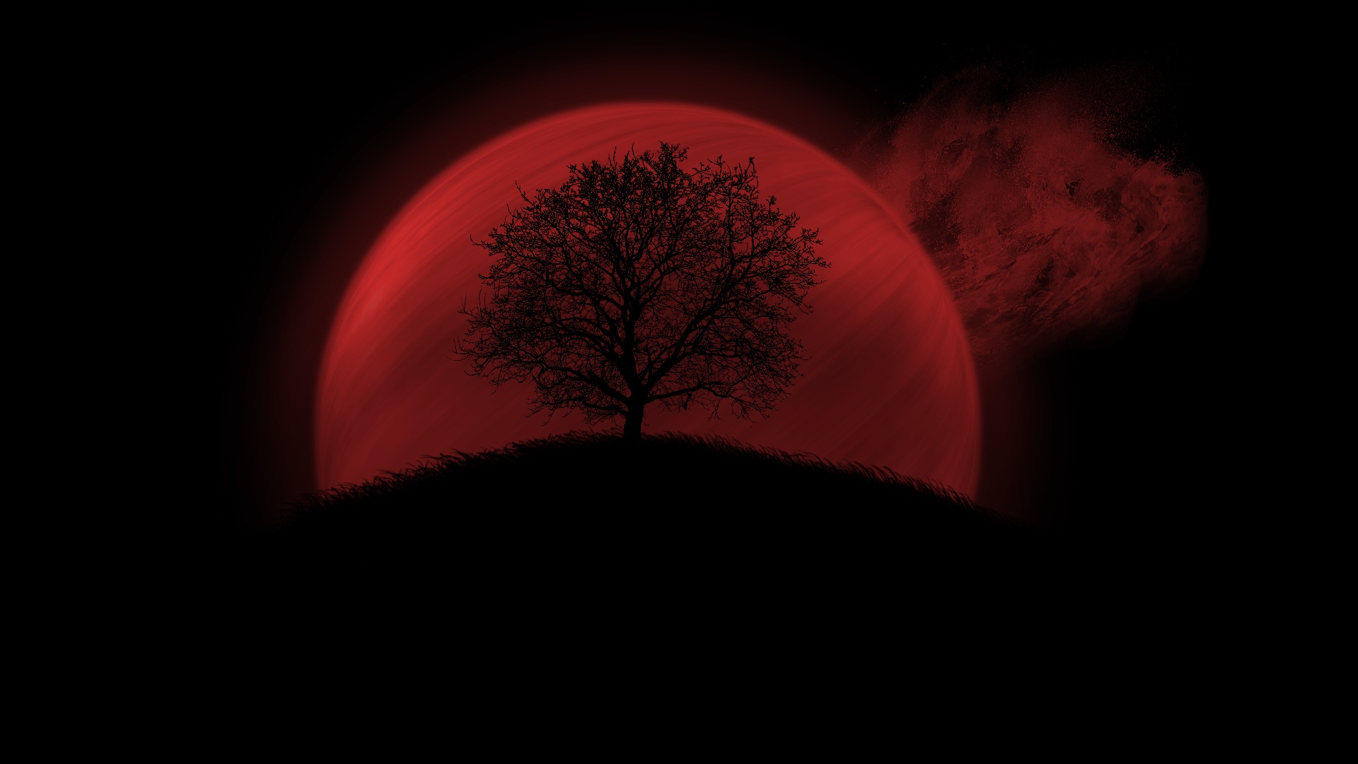 749775 скачать картинку красный, кровавая луна, художественные, луна, силуэт, дерево - обои и заставки бесплатно