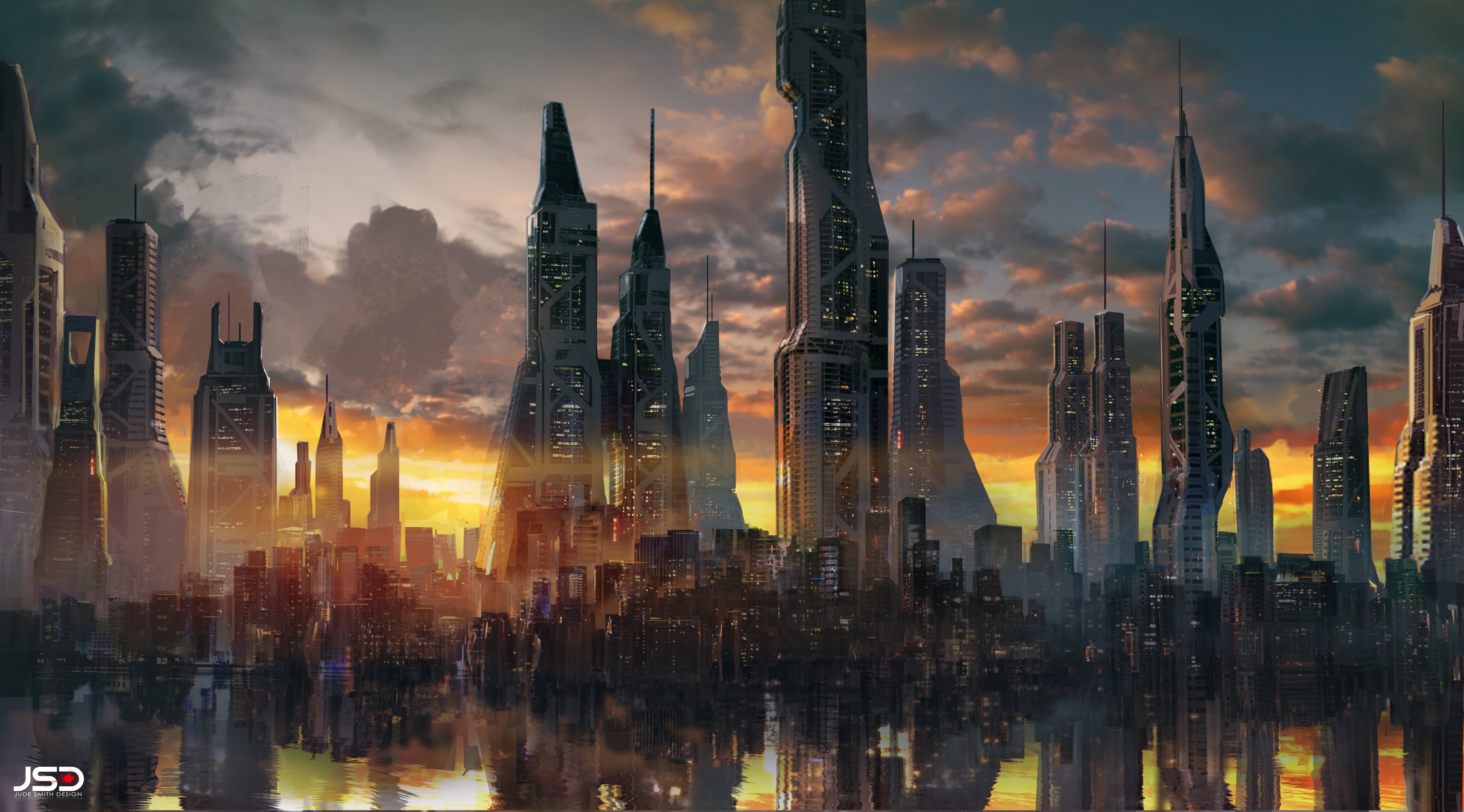 Free download wallpaper City, Skyscraper, Building, Reflection, Sunrise, Sci Fi, Futuristic on your PC desktop