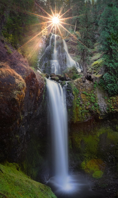 Descarga gratuita de fondo de pantalla para móvil de Agua, Sol, Cascadas, Cascada, Musgo, Rayo De Sol, Tierra/naturaleza, Frijol De Sol.