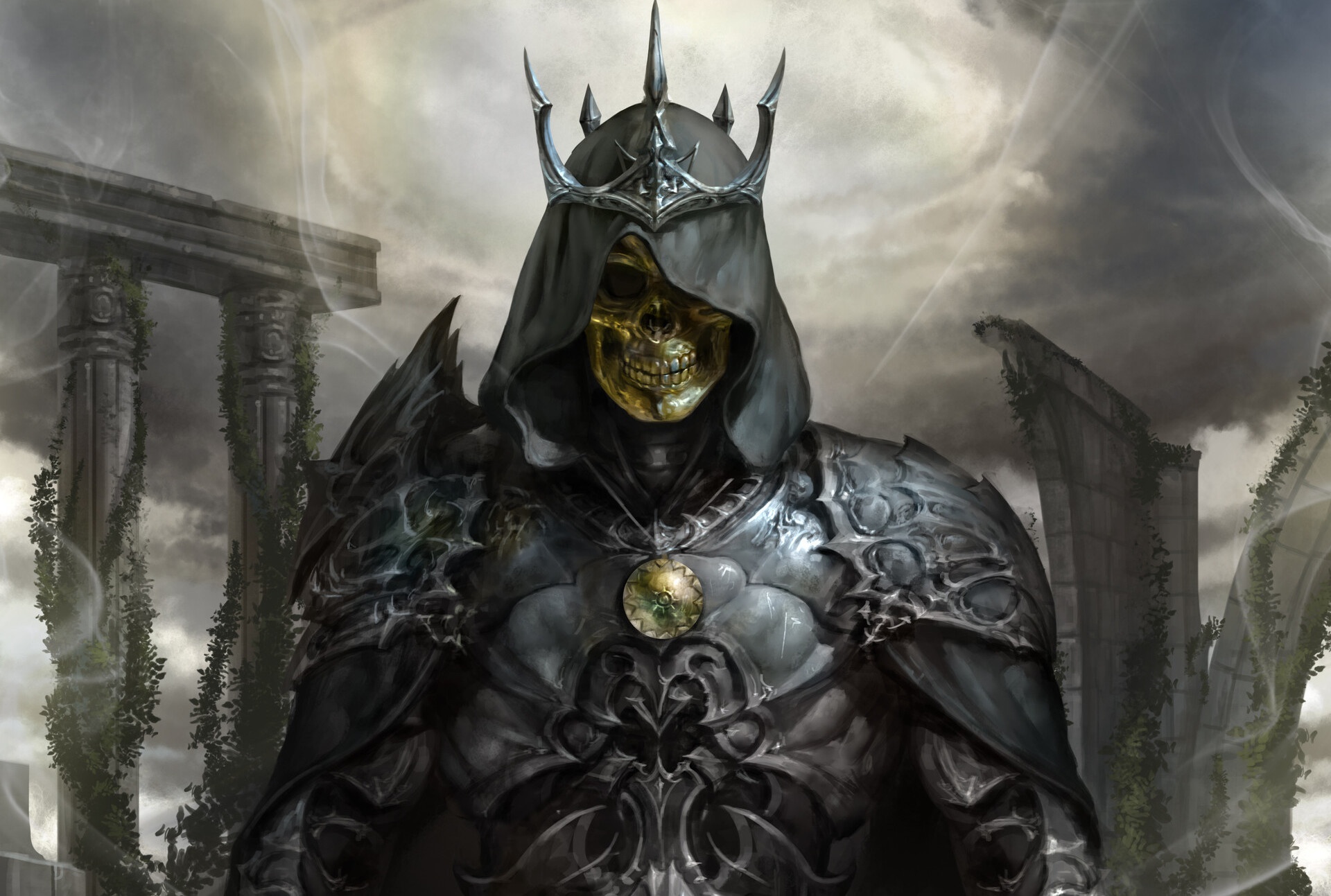 Download mobile wallpaper Dark, Crown, Skull, Skeleton, Armor for free.