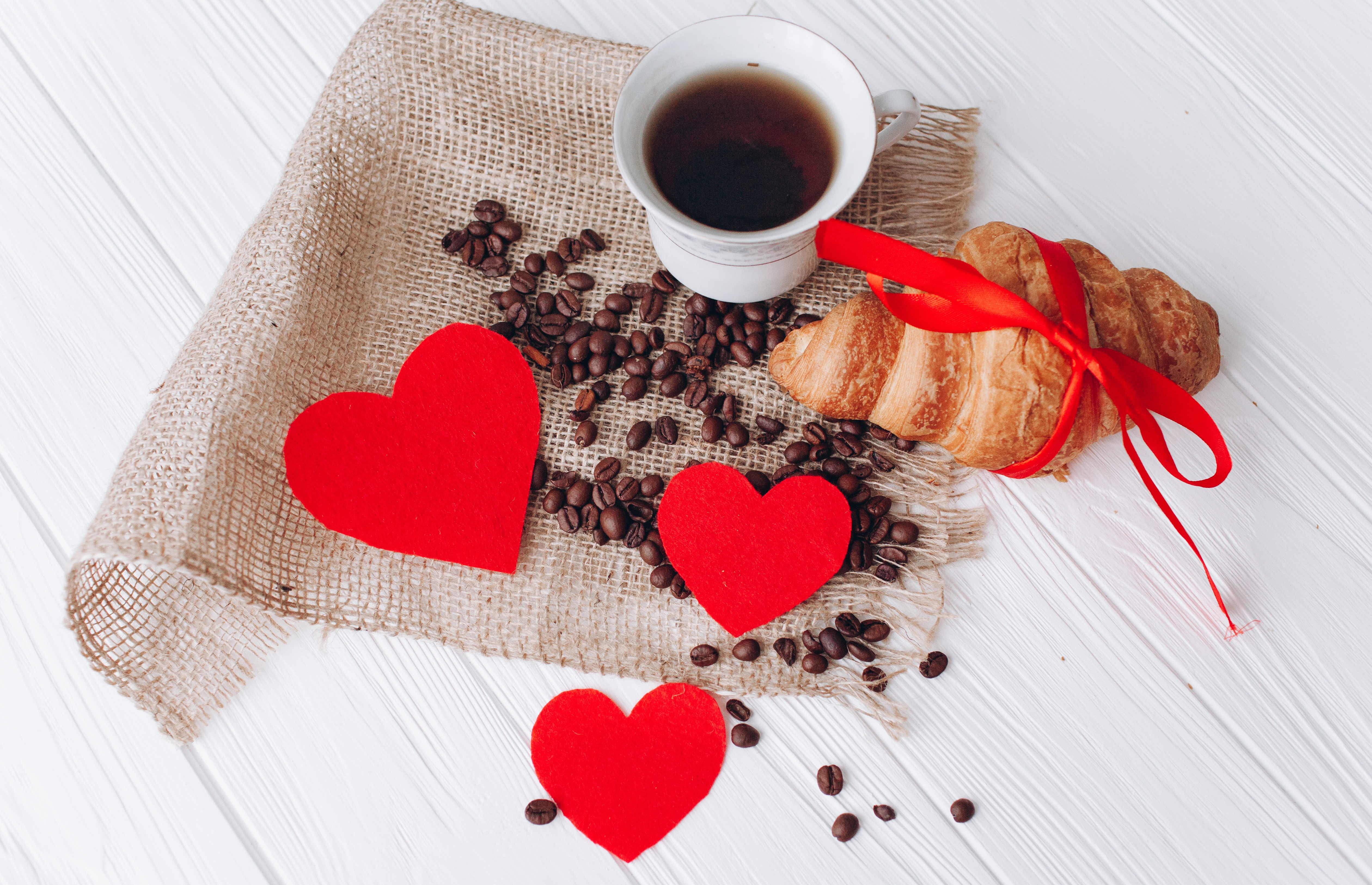 Free download wallpaper Food, Coffee, Still Life, Cup, Heart, Coffee Beans, Croissant on your PC desktop
