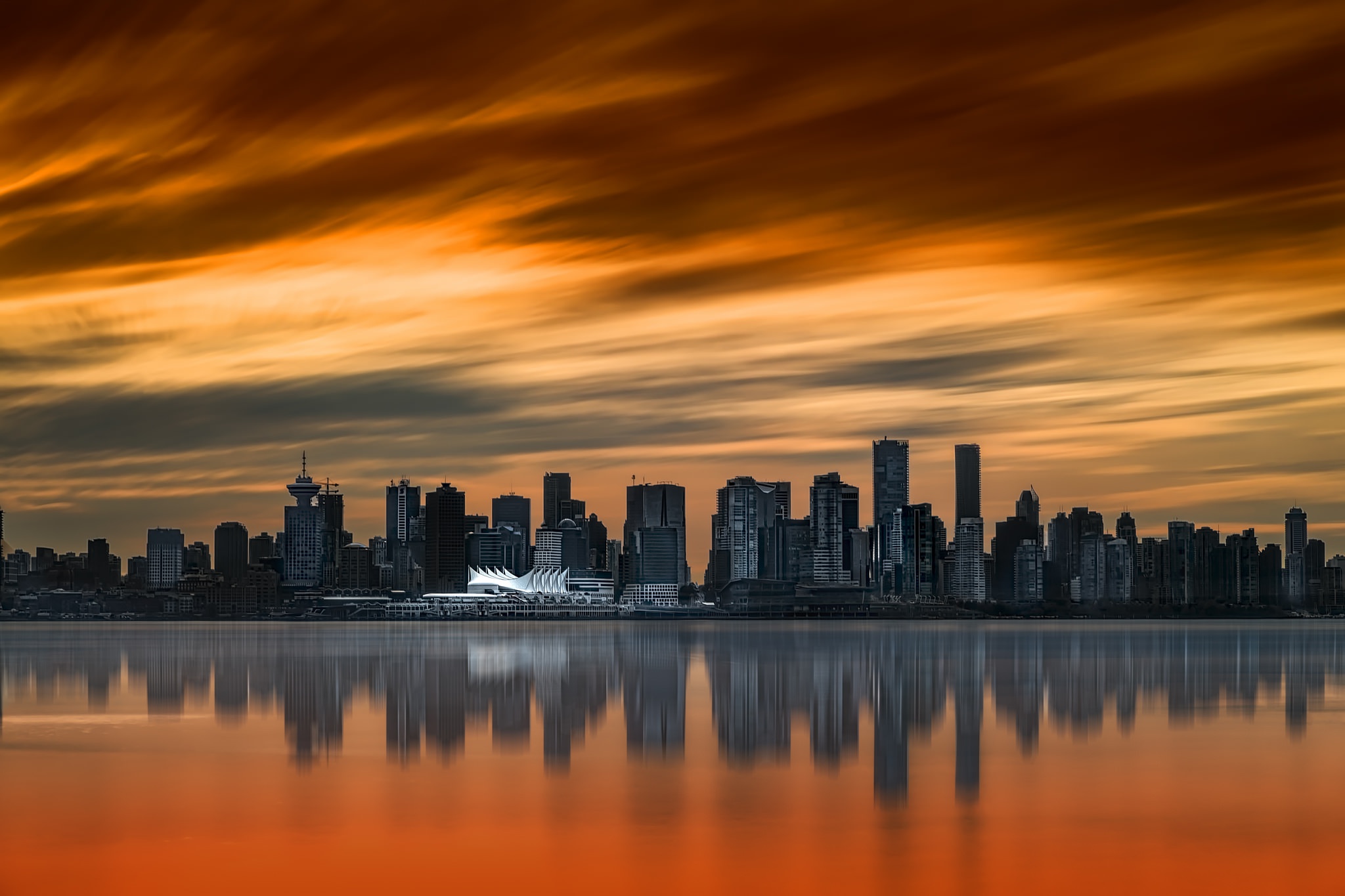 Laden Sie das Städte, Wolkenkratzer, Gebäude, Kanada, Vancouver, Sonnenuntergang, Menschengemacht, Großstadt, Spiegelung-Bild kostenlos auf Ihren PC-Desktop herunter