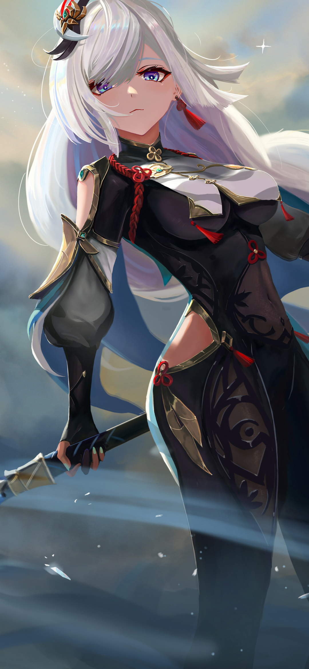 Download mobile wallpaper Blue Eyes, Video Game, Long Hair, White Hair, Genshin Impact, Shenhe (Genshin Impact) for free.