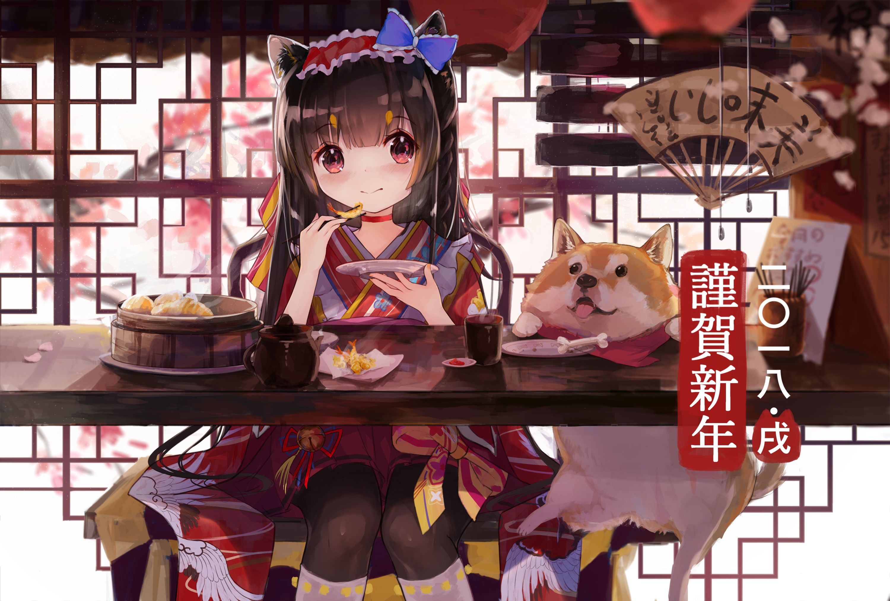Free download wallpaper Anime, Food, Dog, Cute, Original, Red Eyes, Japanese Clothes on your PC desktop