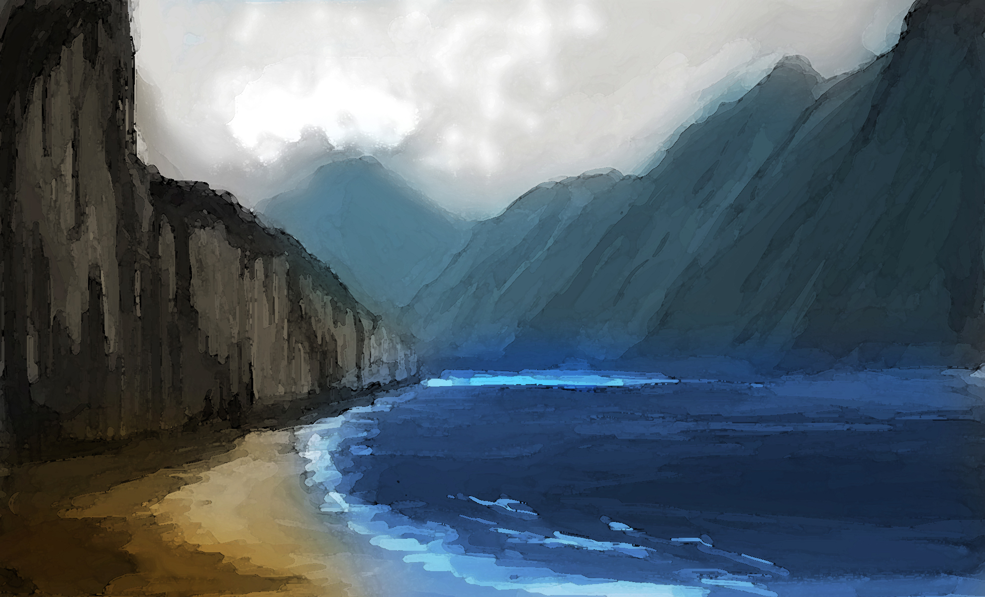 Download mobile wallpaper Landscape, Fantasy, Sea, Beach, Mountain, Artistic, River for free.