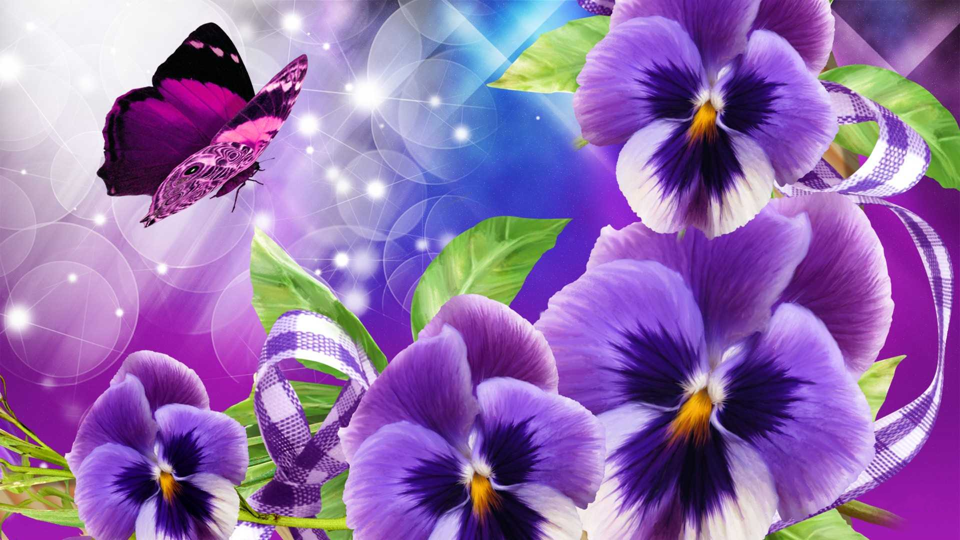 Скачать картинку Анютины Глазки, Цветок, Бабочка, Фиолетовый Цветок, Художественные в телефон бесплатно.