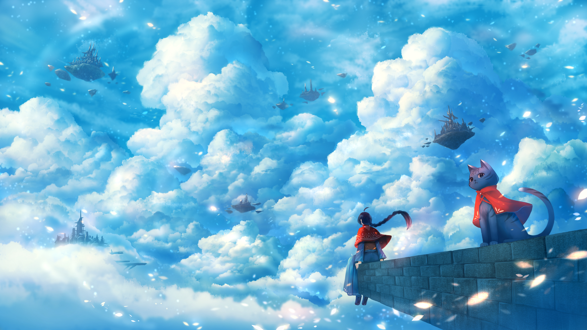 Скачать обои бесплатно Аниме, Небо, Облака, Кот, Девочка картинка на рабочий стол ПК