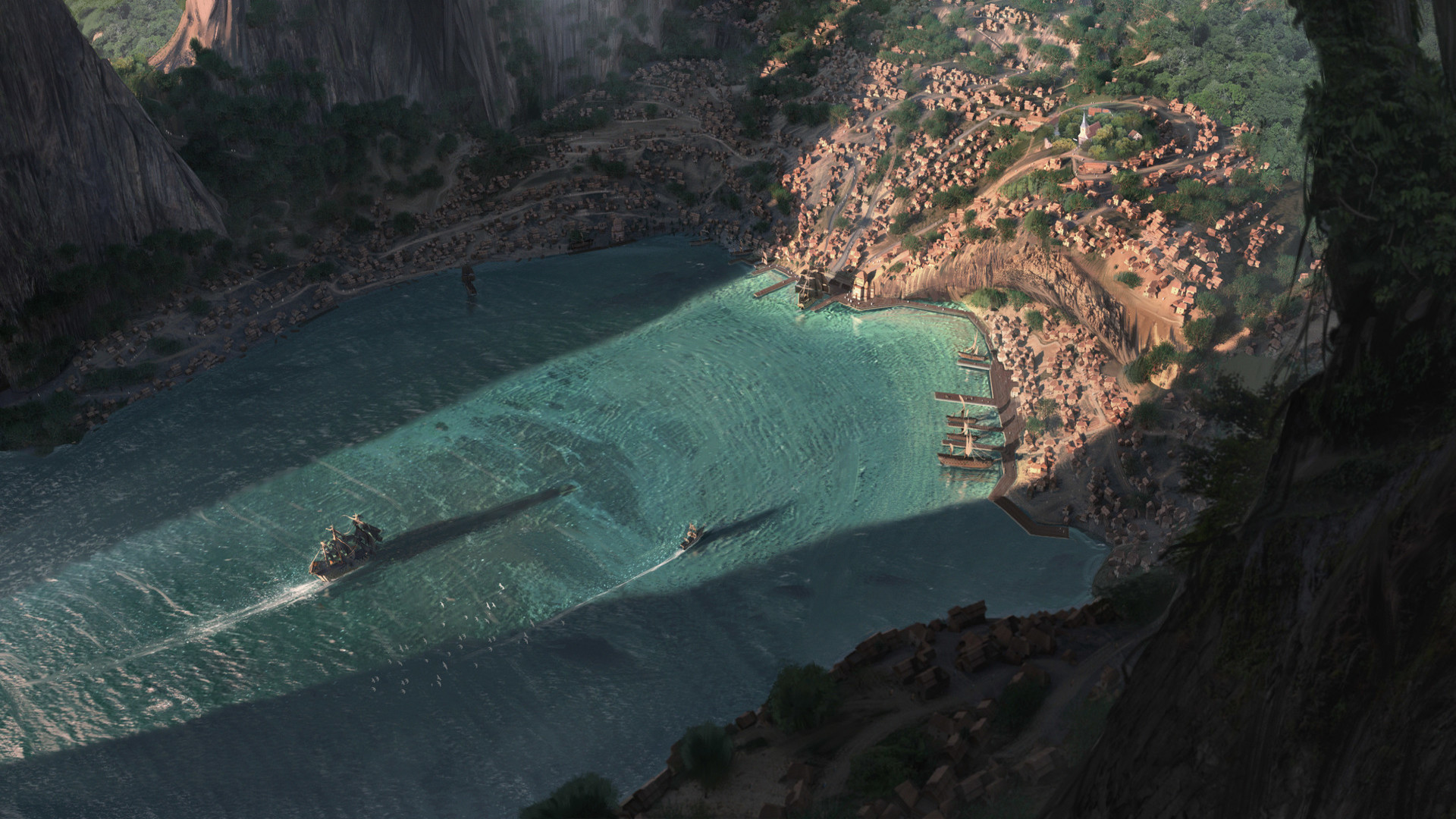 Free download wallpaper Landscape, Fantasy, City, Ship, Bay, Harbor on your PC desktop