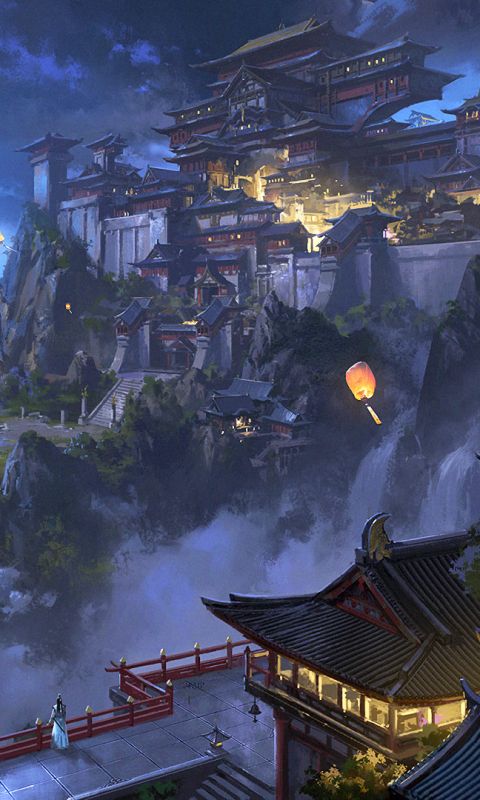 Download mobile wallpaper Anime, Night, Building, Lantern, Original for free.